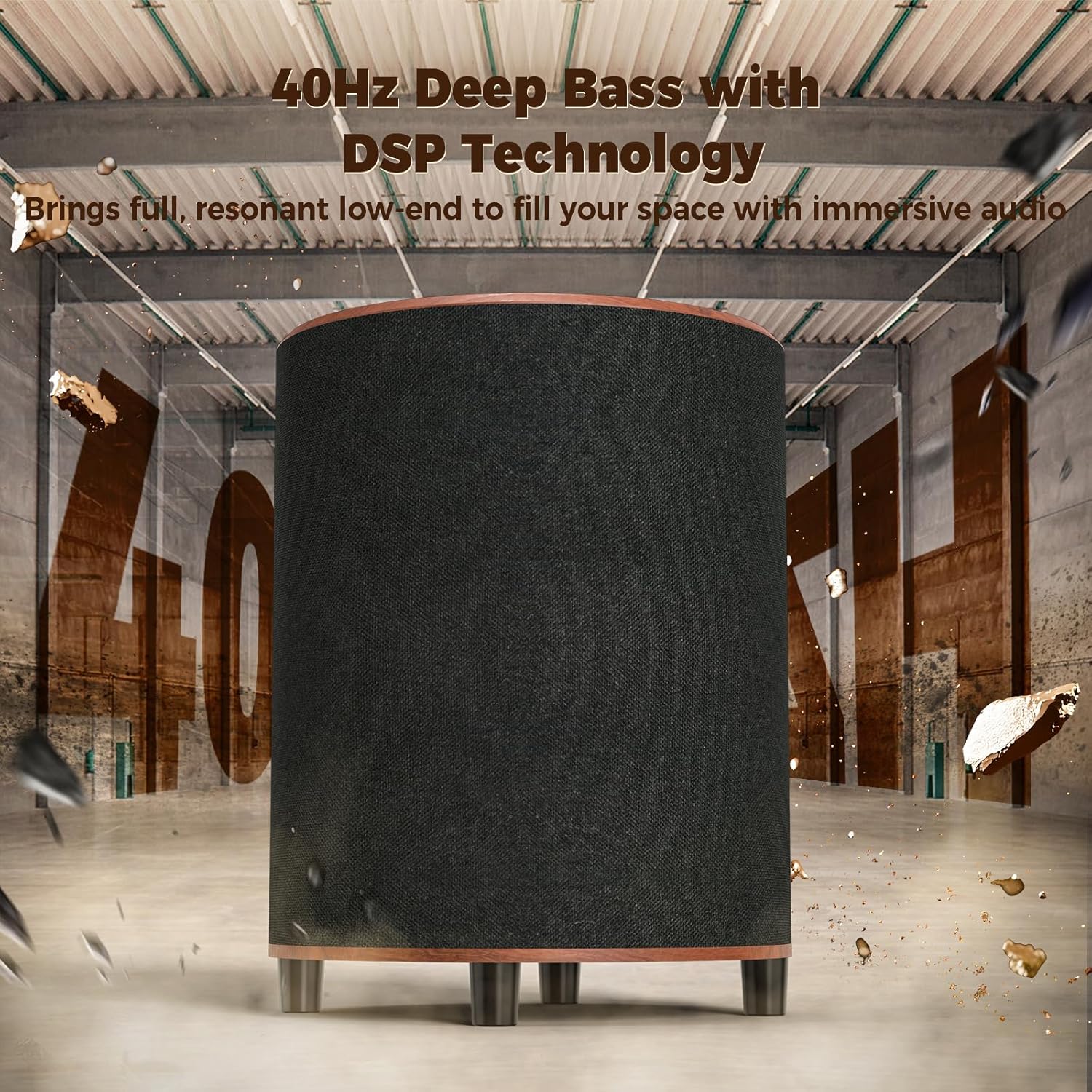 LITTOAK Powered Subwoofer with text '40Hz Deep Bass with DSP Technology'
