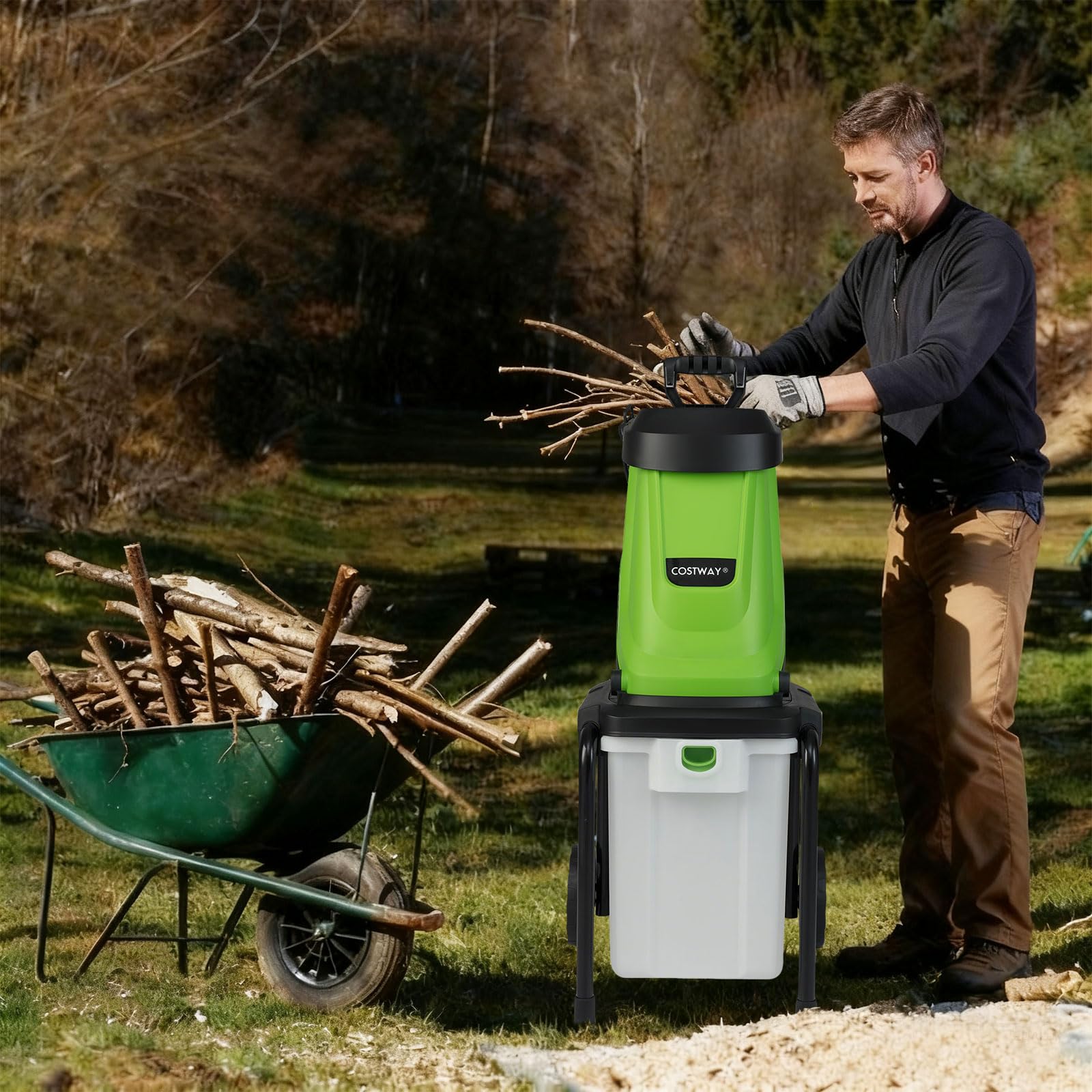 COSTWAY rozdrabniacz ogrodowy 2800 W, elektryczny rozdrabniacz ogrodowy, elektryczna wiórkarka walcowa z kołami, 50 L pojemnik na ścinki | grubość cięcia 45mm | z kablem, rozdrabniacz do ogrodu i