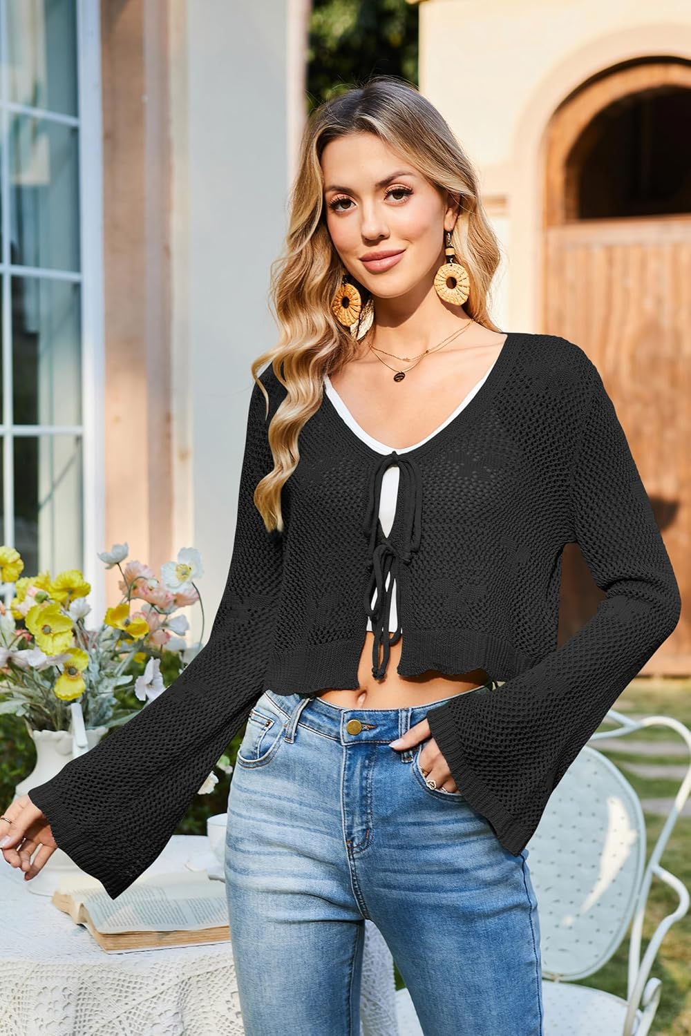 Balimtoy Women Tie Front Cardigan Crochet Sweater Crop Tops Cute Bell Long Sleeve Knit Shrug Beach Vacation Cover Up - Image 2