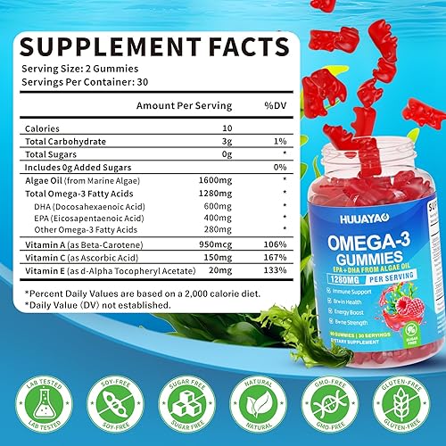 Miniatura 2 de Gomitas veganas Omega-3 de 1028 mg, alternativa de aceite de pescado Omega 3 para adultos con EPA 400 mg y DHA 600 mg y vitamina A, C, E para la