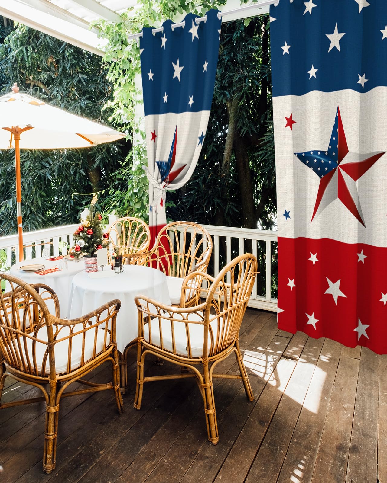 Patriotic Independence Memorial Day Waterproof Outdoor Curtains for Patio,Blackout Curtain with 2 Tiebacks,USA Flag Blue Red White Stars Grommet Window Treatment for Porch Pergola,1 Panel,52