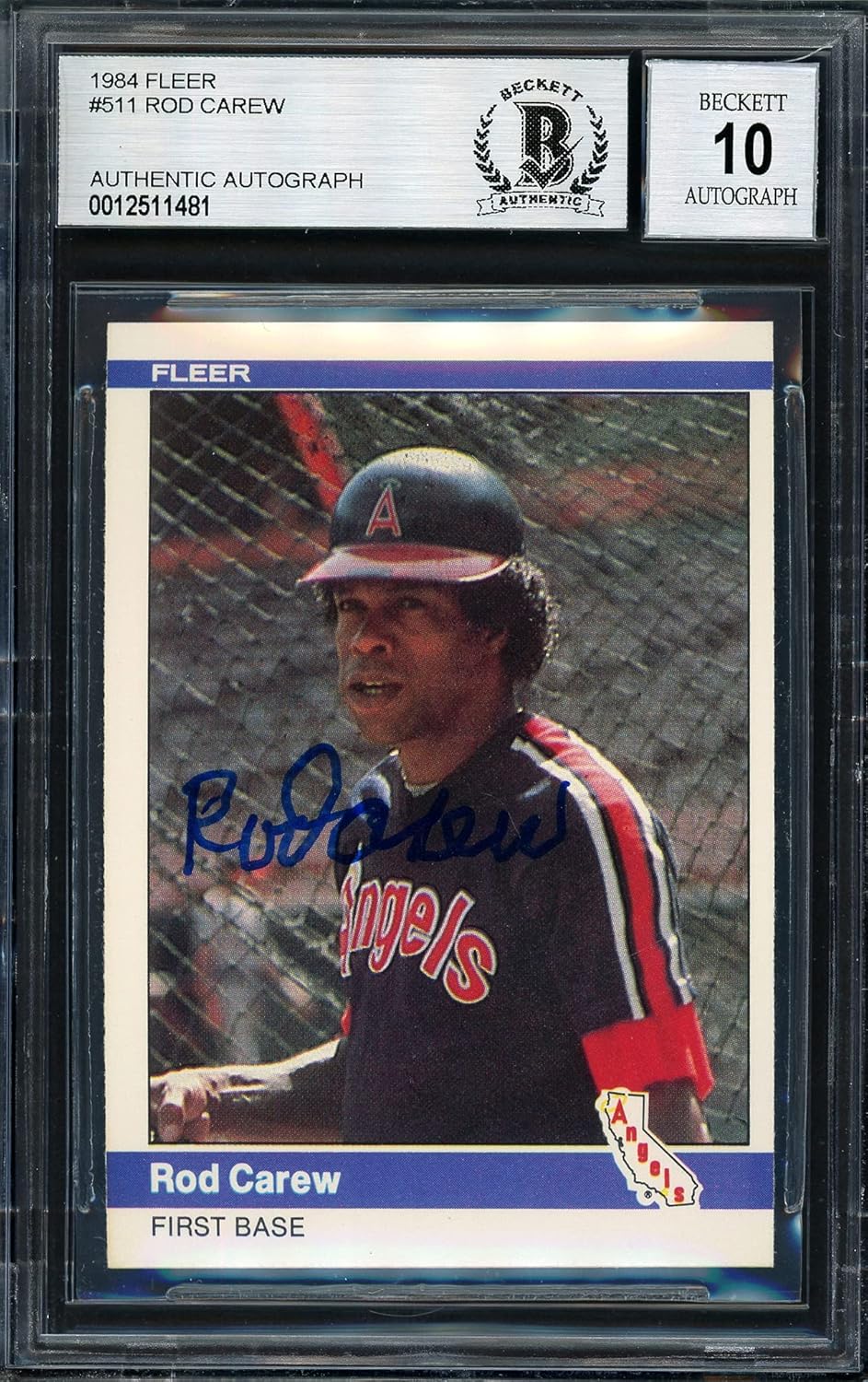 Rod Carew Autographed 1984 Fleer Baseball Card #511 Signed Middle Auto Grade 10 Beckett BAS Stock #186073