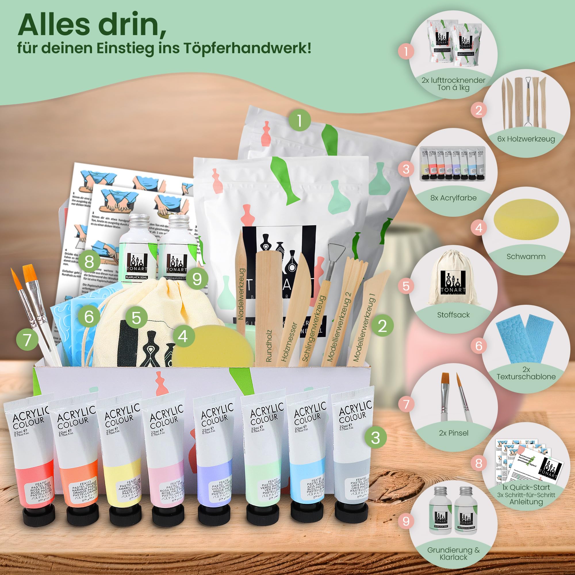 TONART BE AN ARTIST – Töpferset für Anfänger für zuhause mit lufttrocknendem Ton (ohne Brennen), Werkzeugen, Acrylfarben, Grundierung, Klarlack und Schritt-für-Schritt-Anleitungen | DIY Basteln |