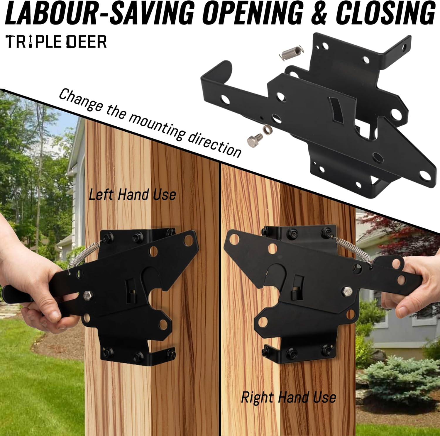 TRIPLE DEER Self-Locking Fence Gate Latch, Heavy Duty Vinyl Post Mount Automatic Self-Closing Wooden Gate Hardware, Gravity Lever Door Latches Hardware for Secure Pool/Yard/Garden Outdoor, Black