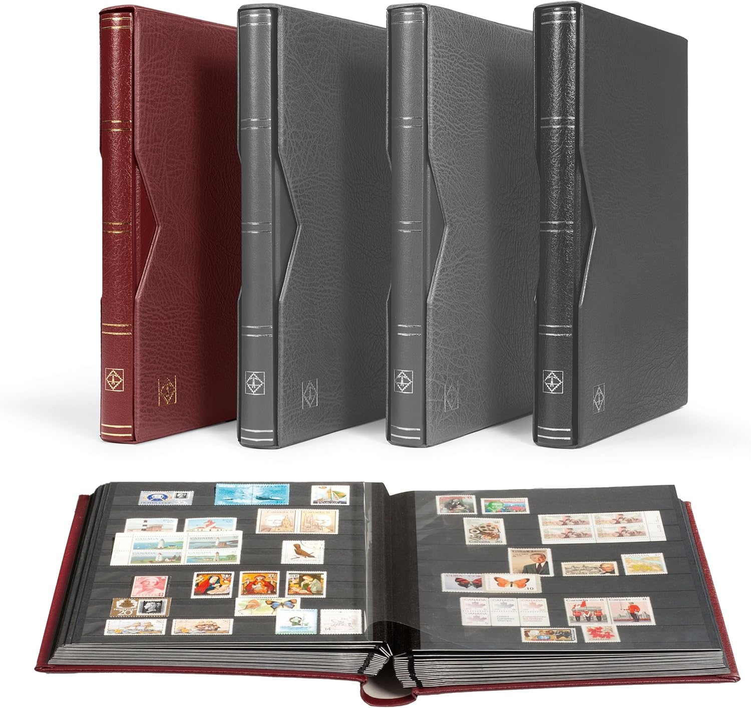 LIGHTHOUSE – “PREMIUM” Bonded Leather Cover Stockbook for Stamps - 32 Black Cardstock A4 Pages with Clear Strips and Double Linen Hinges - Slipcase Included - Red