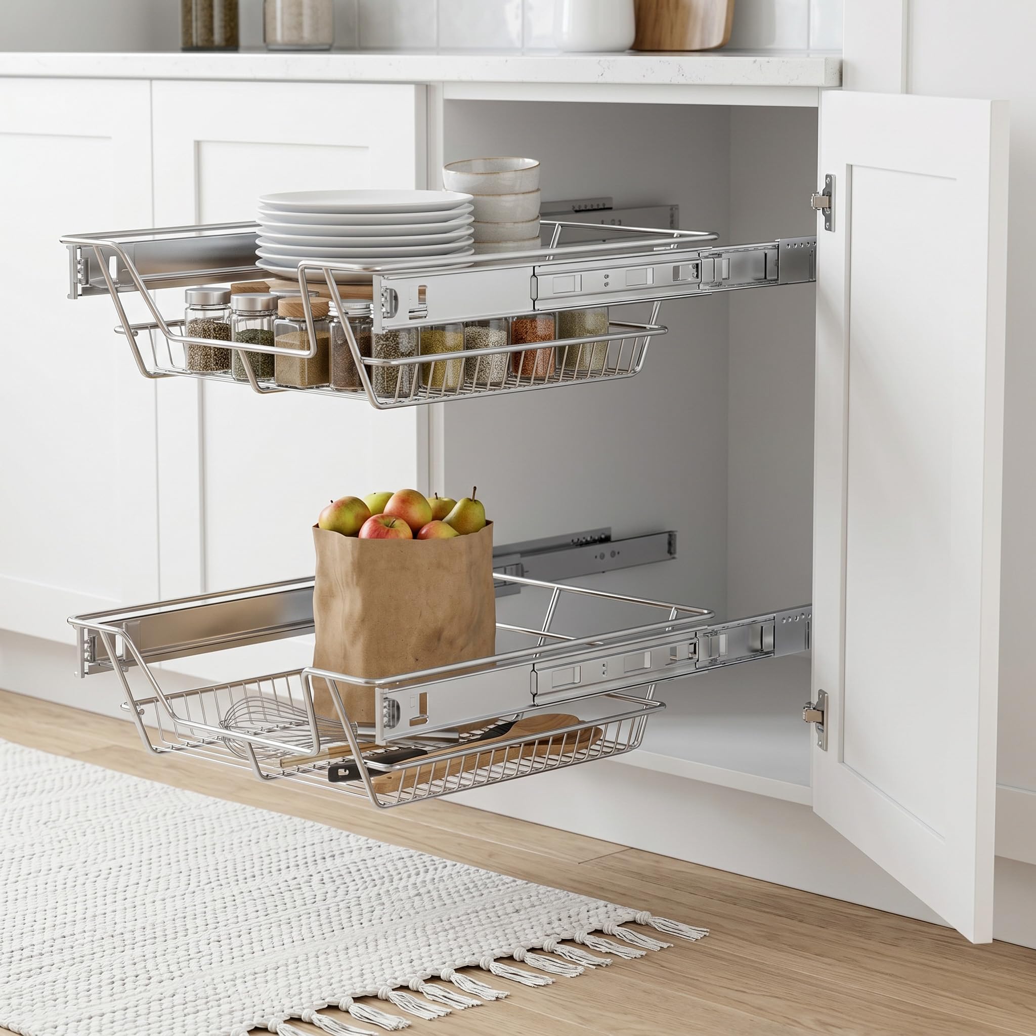4er Küchenschublade für 40 cm Küchenschrank(Außen Breite),Mit Schienen Vollauszug Schublade,ideal als Schlafzimmerschublade,Schrank Organizer für Küche, Bad & Wohnzimmer -Silber