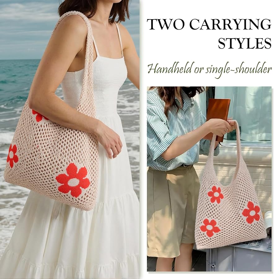 Xianshi Strandtasche Damen Boho - Gehäkelte Netztasche Beige