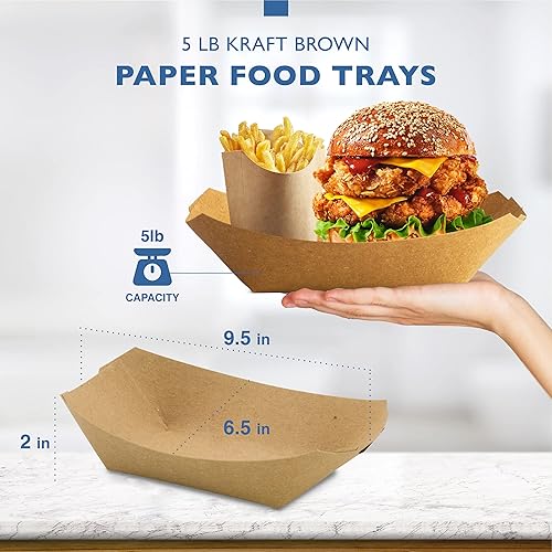 Miniatura 2 de Fit Meal Prep Paquete de 125 Bandejas de papel de 5 libras para alimentos desechables de alta resistencia, bandeja de nachos marrón kraft para