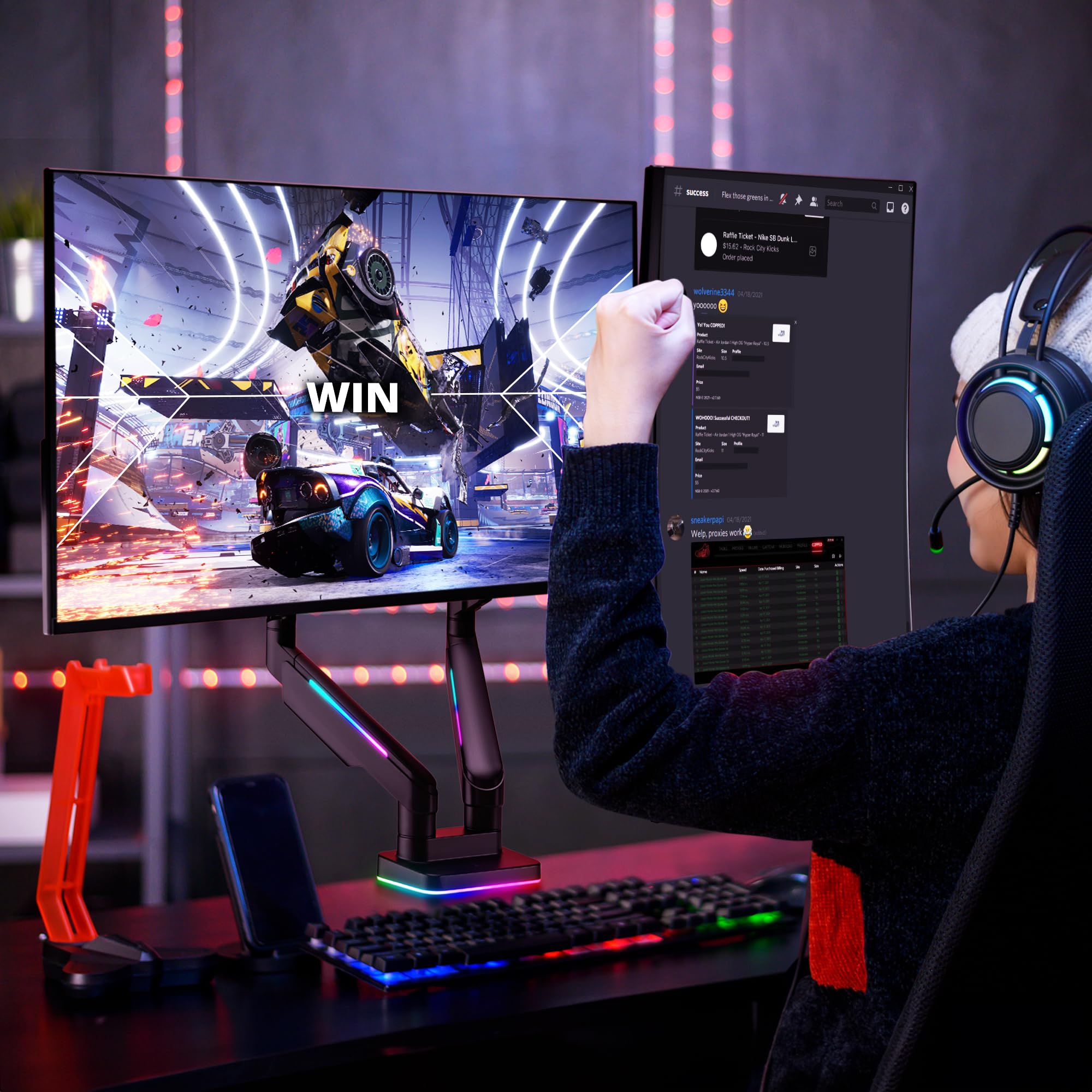 RGB Lights Dual 17-43 Gaming Monitor Arm Soporte de escritorio, se adapta a dos pantallas planas/curvas/ultraanchas de hasta 44 libras (44.1 lbs), soporte ajustable de inclinación giratoria de 2