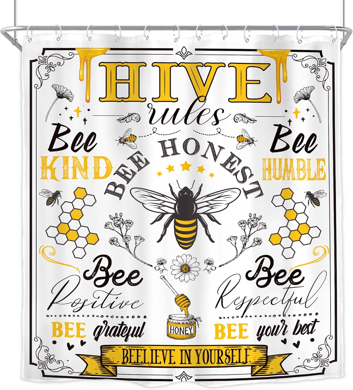 Homewelle Black Yellow Bee Quotes Shower Curtain Vintage Rustic Inspirational Motivational Words Retro Floral Flower Plant Honeycomb 72Wx72H Inch Farmhouse Waterproof Polyester Fabric Bathroom Bathtub