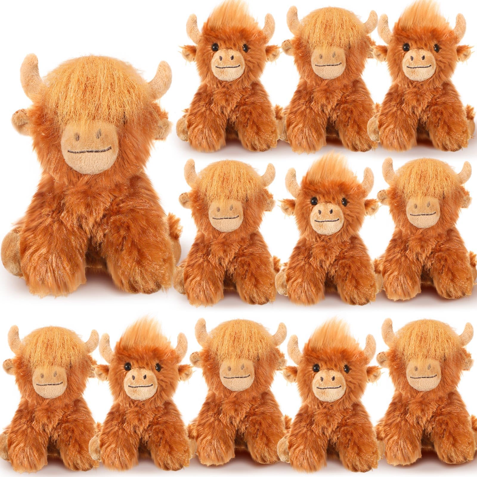 Blueweenly 12 Pcs Highland Cow Stuffed Animal Toy 6 Inch Brown Stuffed Highland Cow Plush Realistic Cattle Plushie Doll Gifts for Stress Relief Kids Boys Girls Presents Birthday Party Favors