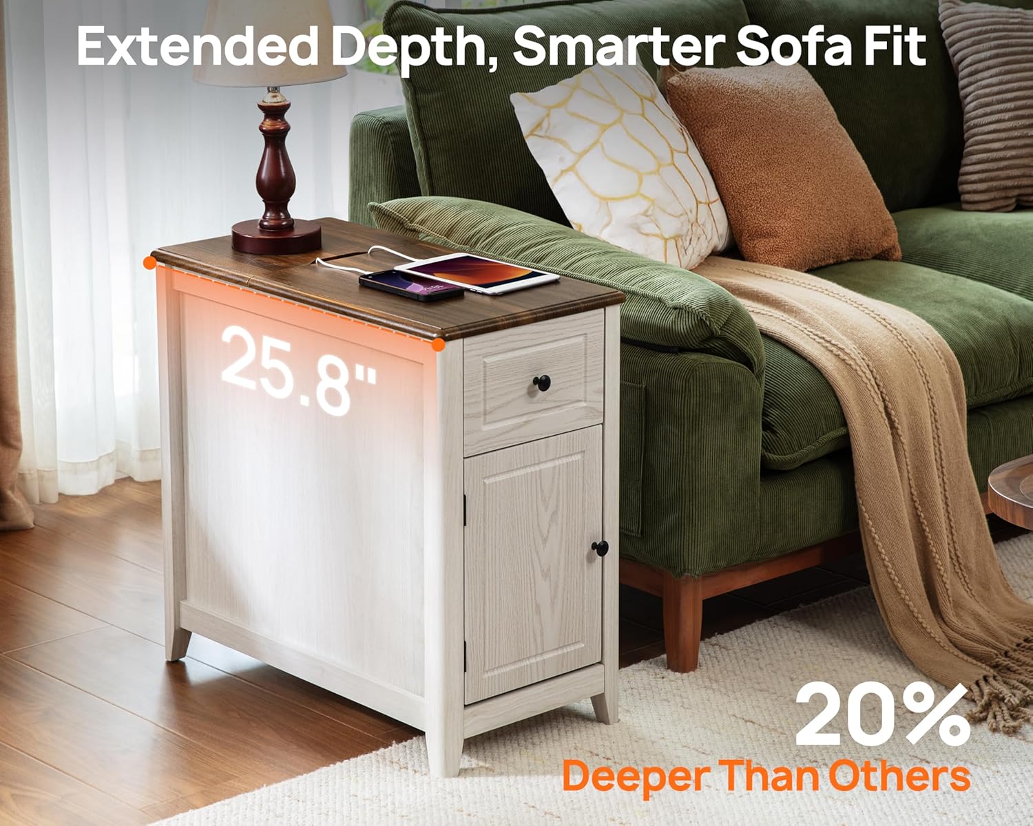 Farmhouse End Table with Charging Station, USB-C, Narrow Side Table with Storage Cabinet and Deep Drawer, Small Nightstand with Hidden USB Ports and Outlets for Living Room, Bedroom, Office, White