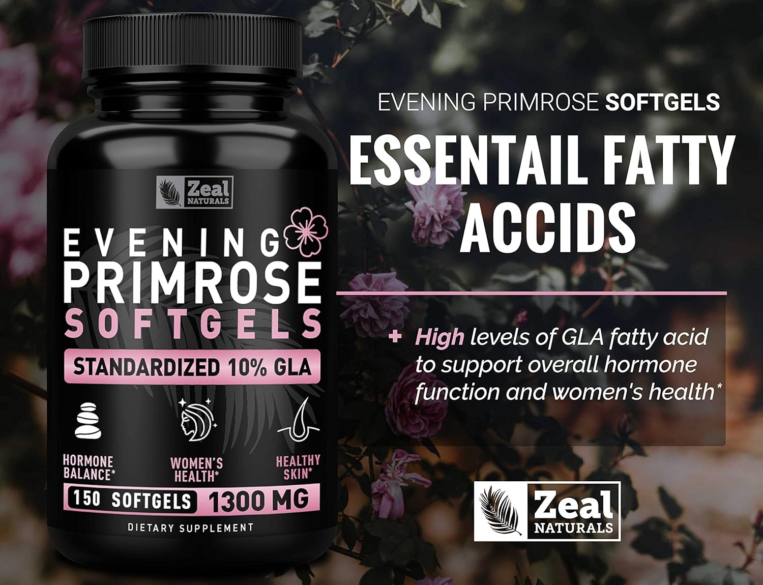 Evening Primrose Oil Capsules (150 Liquid Softgels | 1300mg) 100% Pure Evening Primrose Oil - Natural Supplement to Support Hormone Balance for Women, PMS & Menopause Support - Cold Pressed w. 10% GLA : Health & Household