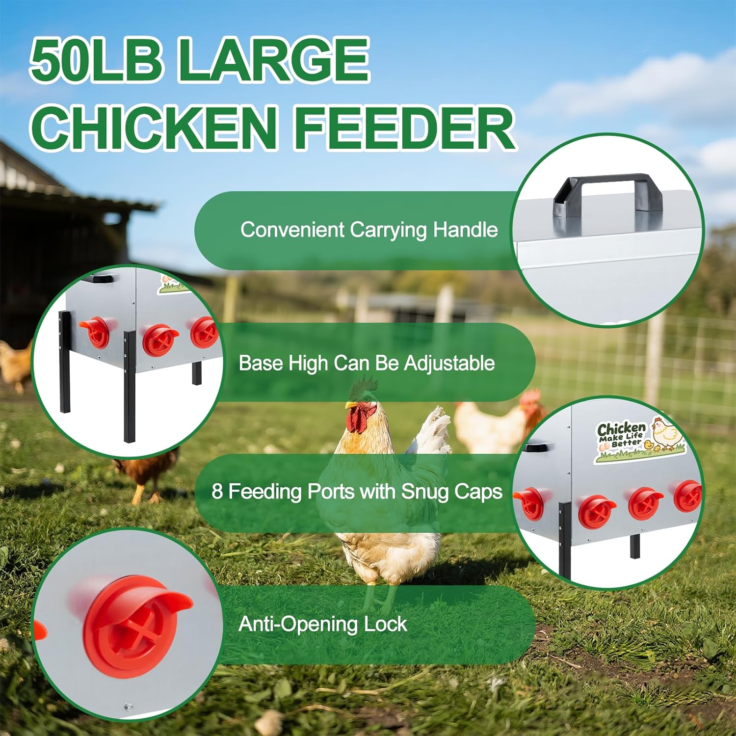50 LB Automatic Chicken Feeder 8 Feeding Ports, No-Waste Poultry Feeder with Locking Lid and Adjustable Legs for Inside Chicken Coops Metal Automatic Poultry Feeders (Sliver, 50LB with 8 Ports)