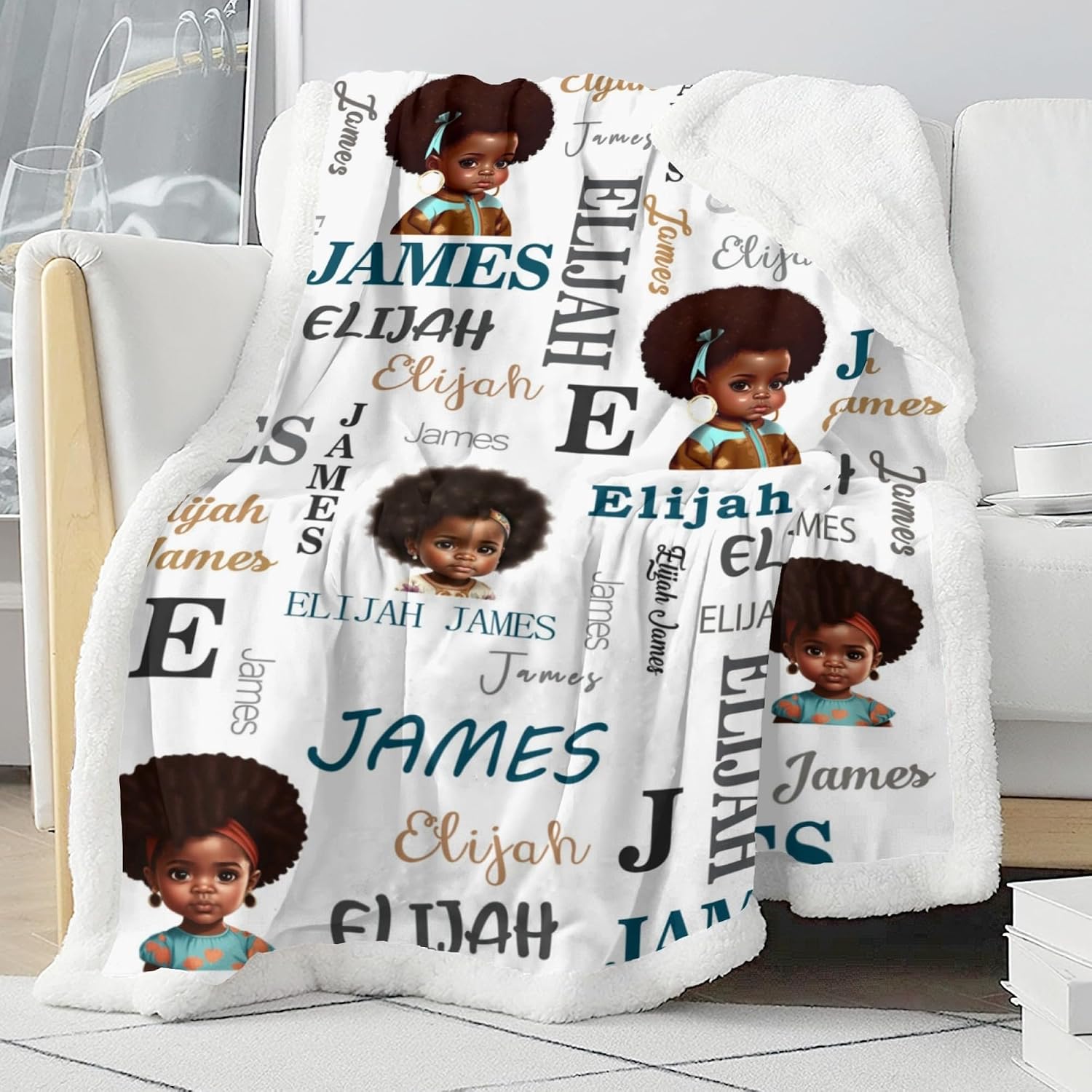 African American Sherpa Blanket with Name Black Girl Personalized Baby Blankets for Girls Afro Puff Newborn Nursery Sherpa Throw Blankets Fleece Receiving Blankets Girl Toddler Blankets