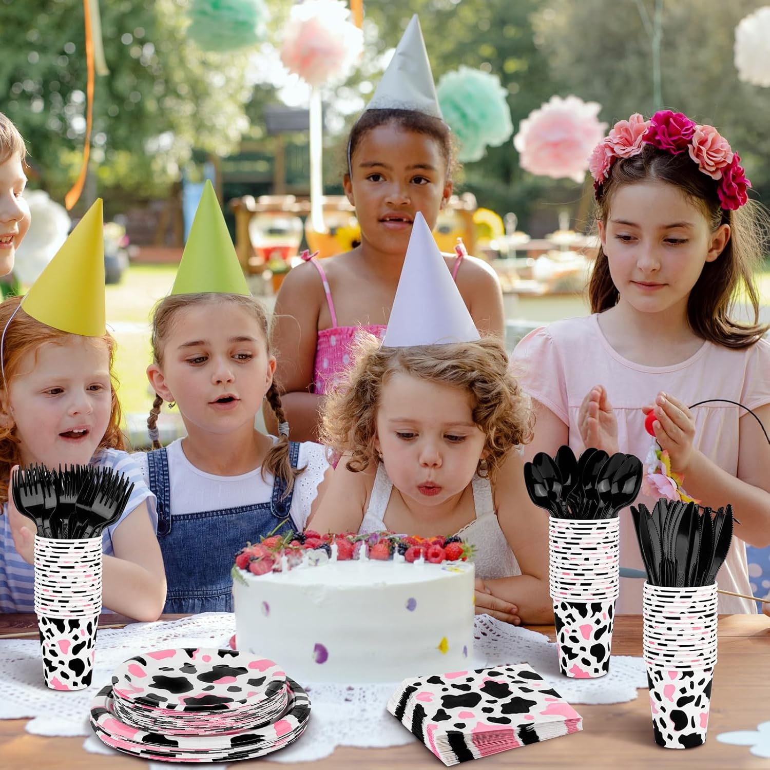 durony 350 Pieces Pink Cow Print Party Tableware Set Including Cowgirl Pink Cow Party Plates Cups Napkins Knives Forks Spoons Serves 50 for Baby Shower Farm Cow Party Decorations - Image 6