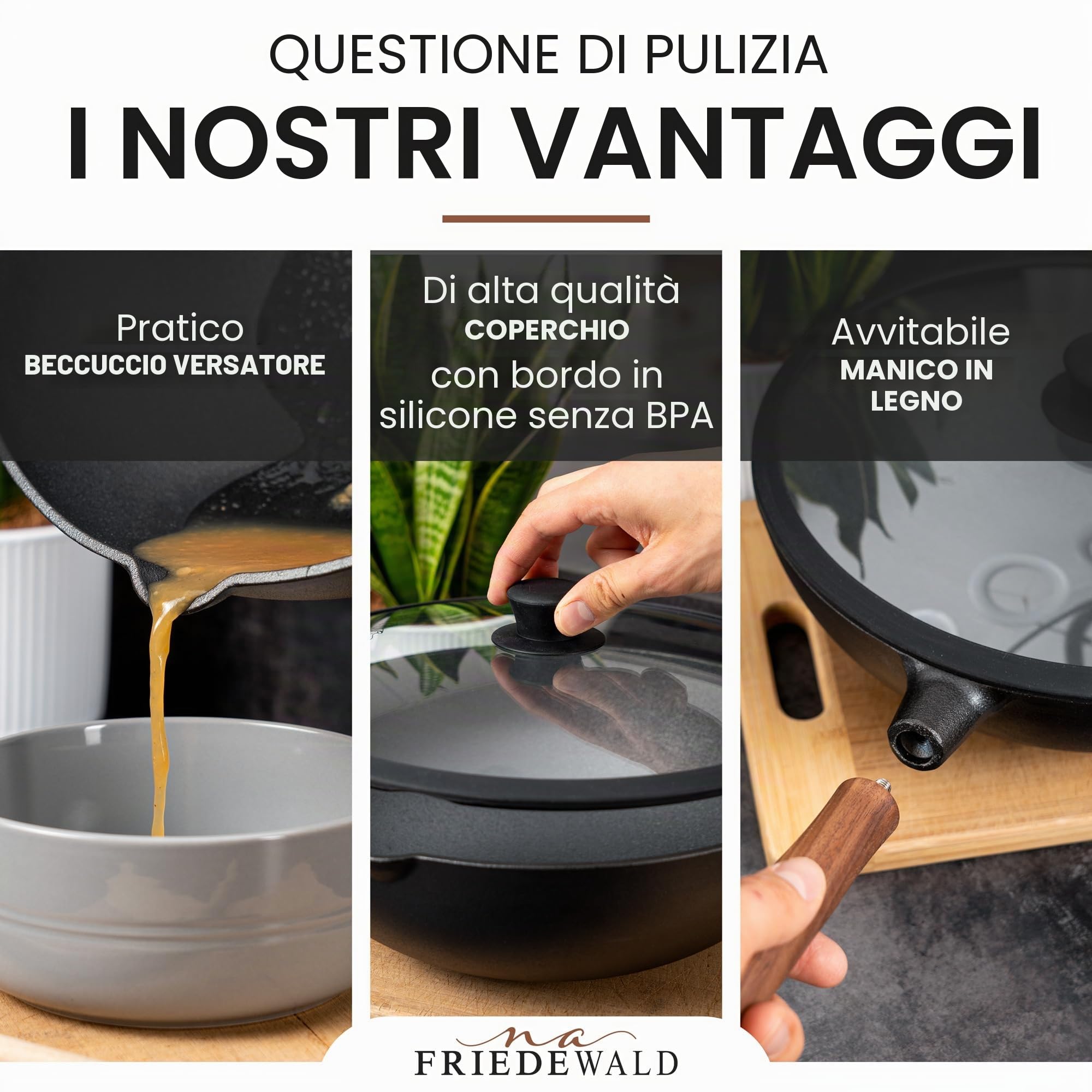 na Friedewald - Wok in ghisa con coperchio, adatto a piani cottura a induzione, 33 cm, 5 l, adatto a tutti i piani cottura, grande padella da griglia e cottura, rivestimento antiaderente