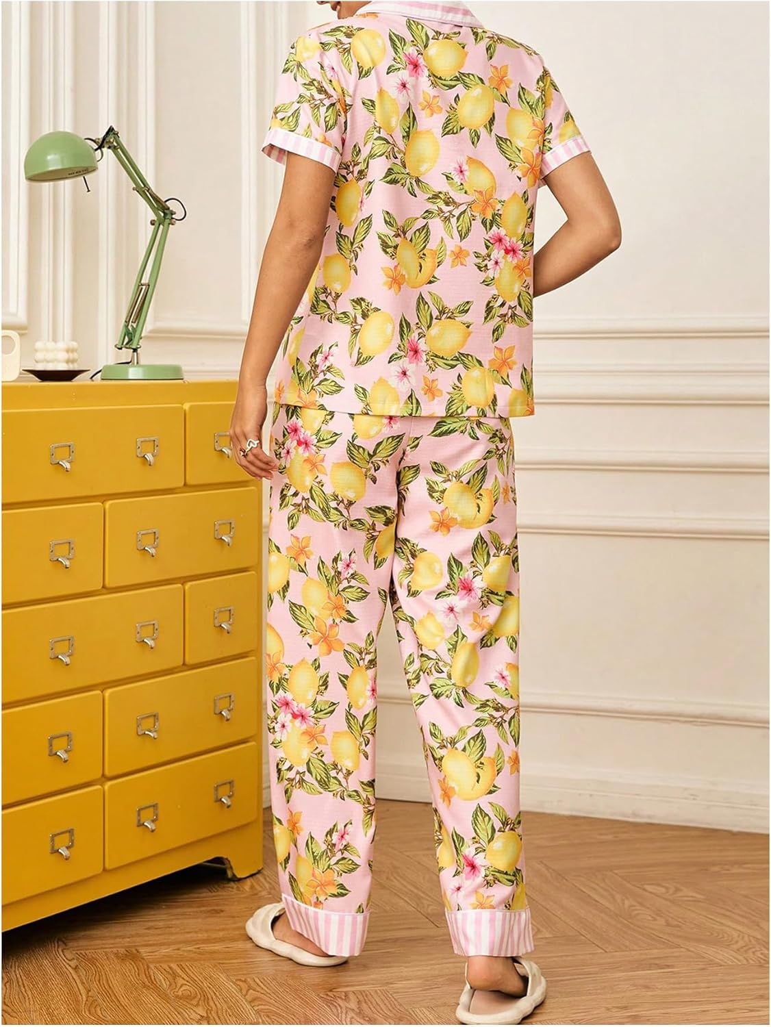 SHENHE Women's Button Down Pajama Set Short Sleeve Nightwear Lemon Fruit Pjs with Long Pants - Image 3
