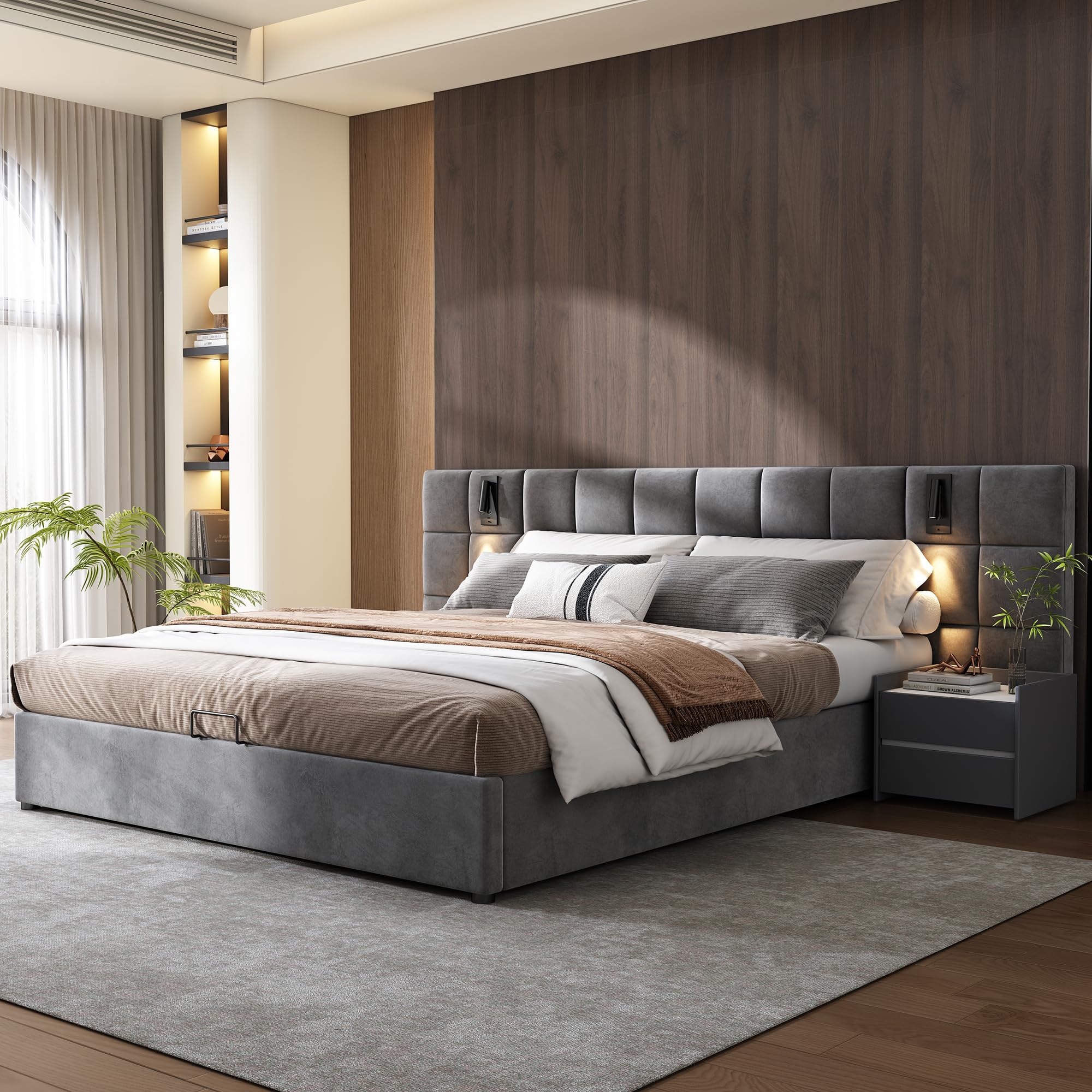 Ctastay 160x200 Letto Matrimoniale letto Imbottito con Contenitore Sottoletto, Luci di Lettura e Porta di Ricarica USB, con Rete a Doghe in Legno, Telaio del Letto,Grigio, Senza Materasso.