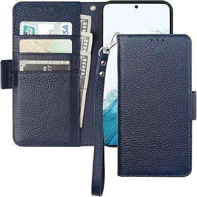 Bocasal Wallet Case for Galaxy S22 5G, Genuine Leather Support Wireless Charging RFID Blocking Flip Case Card Slots Holder, Kickstand Book Folding Folio Cover with Wrist Strap 6.1 Inch (Royal Blue)