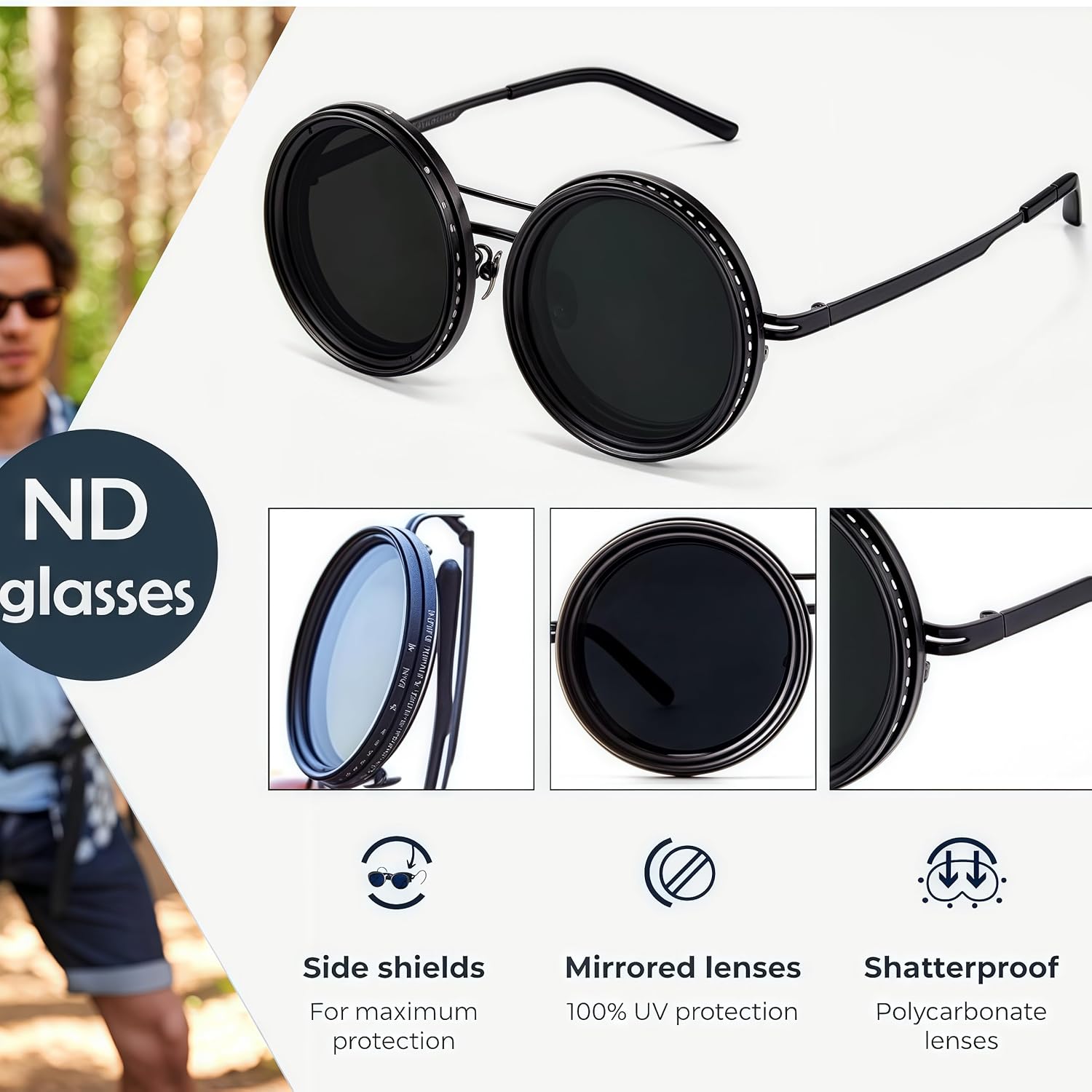 Adjustable Tint Polarized Round Sunglasses for Men – 1-9 Stepless Gears with ND9 Lens Technology, Adjustable Fit for Beach, Driving & Outdoor Activities – Durable Lightweight Eyewear image 6 of 7 B0DWB6L8YP