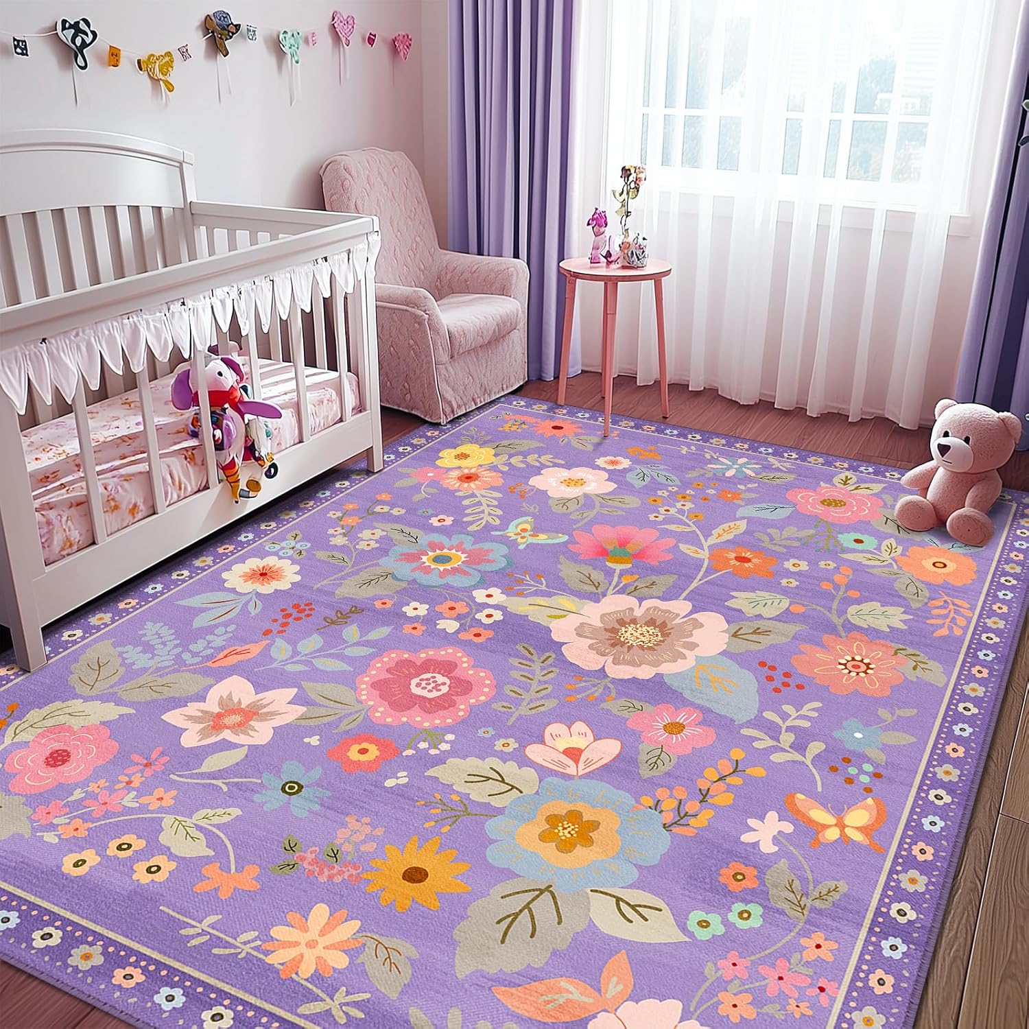 Floral Nursery 8x10 Area Rugs Washable Print Boho Cute Carpet Non Slip Flower Low Pile for Living Room Kids Girls Playroom Bedroom Kitchen Office Farmhouse-Purple/Pink/Multi - Image 6