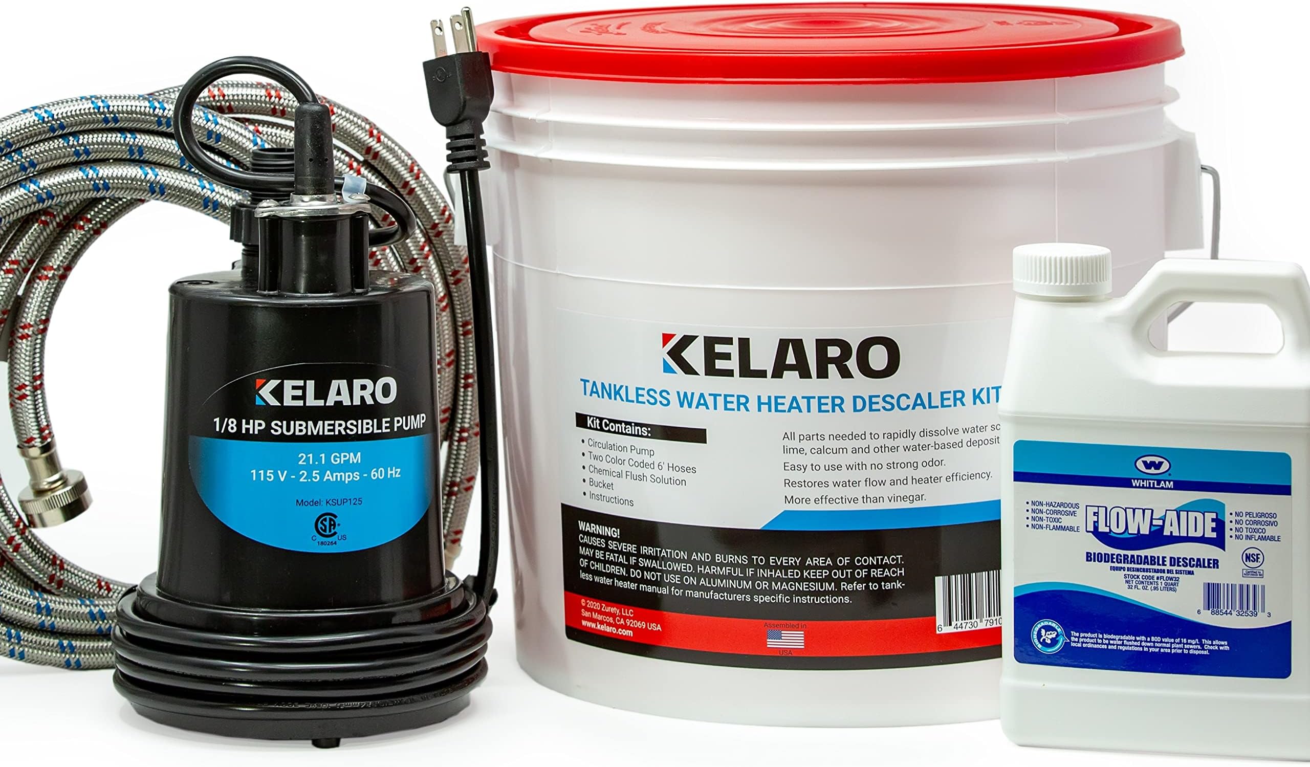 Kelaro Tankless Water Heater Flushing Kit with Flow-Aide Biodegradable Descaler
