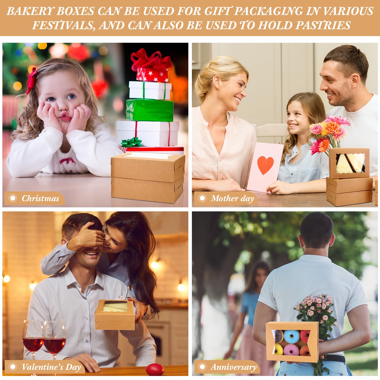 TaoBary 100 cajas de galletas de 8 pulgadas, cajas de panadería de 8 x 6 x 2.5 pulgadas, caja de papel desplegable automática con 2 ventanas de estilo para galletas, cajas de dulces para chocolate,