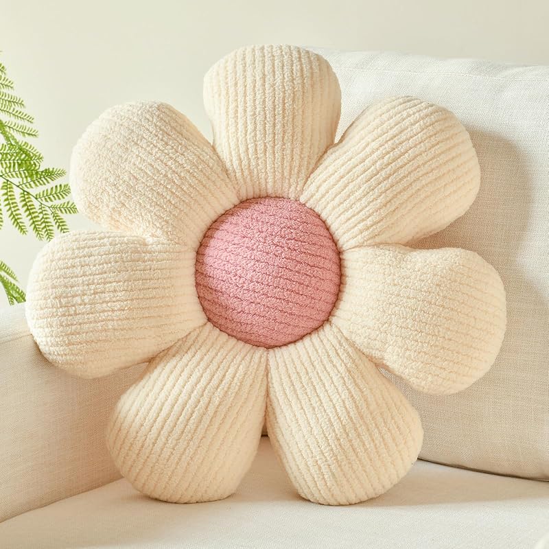 Flower Shaped Pillow, Daisy Decorative Throw Seat Cushion, 14.9" Ivory | Soft Home Decor Plush Pillows for Couch, Bed, Chair, Floor, Living Room, Bed Room