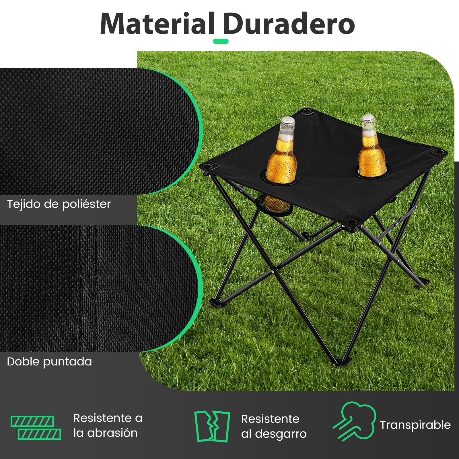 COSTWAY Juego de Sillas Camping Plegable y Mesa, 2 Sillas Camping Portátil y Mesa Auxiliar con 2 Portavasos, Bolsa de Transporte, Pesca, Picnic, Barbacoa, Negro
