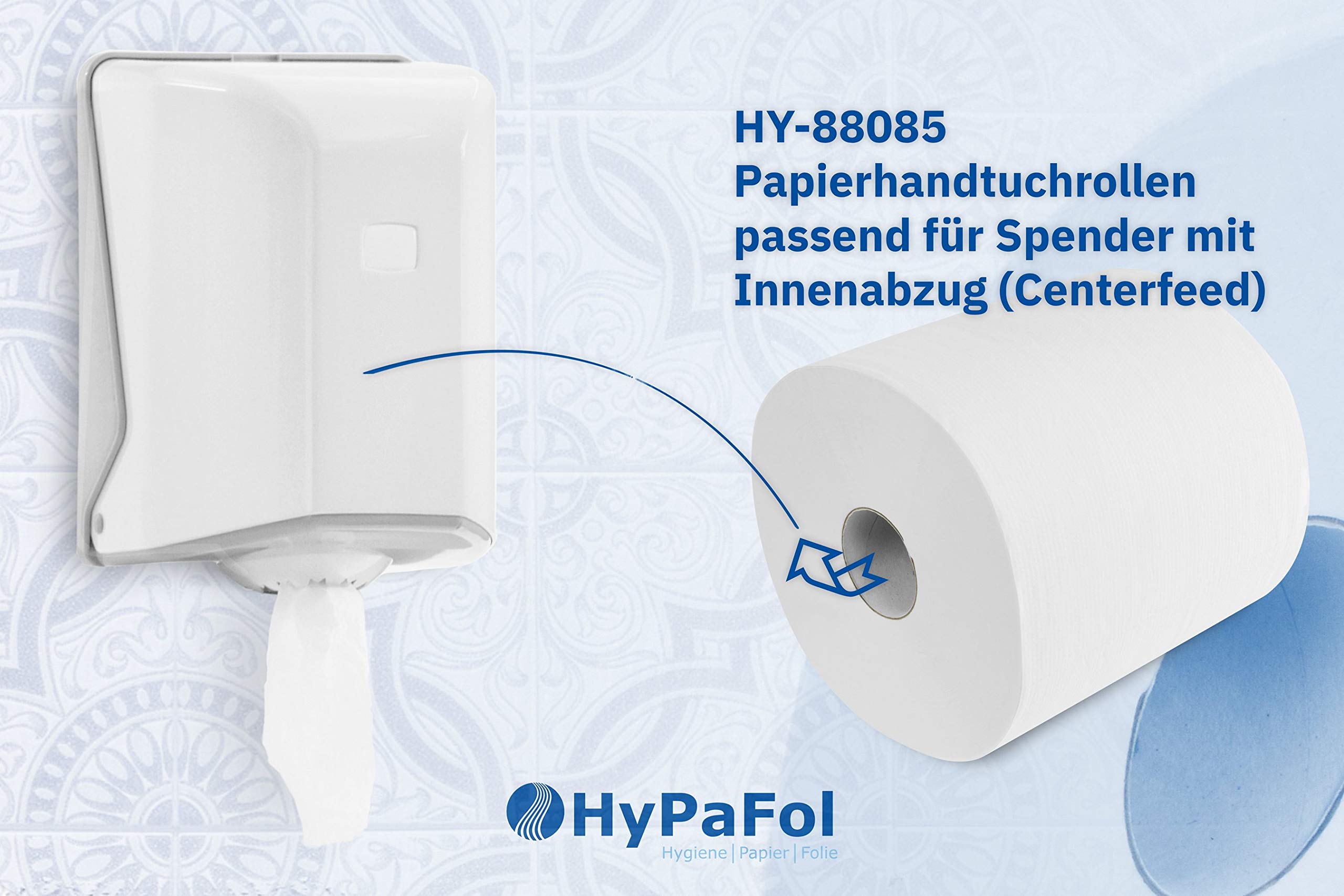 Hypafol Handtuch-Papierspender Set | Papierhandtuchrollen-Spender mit Innenabzug (Centerfeed) | modernes Design, weiß | Sichtfenster zur Verbrauchskontrolle | inkl. 6 Rollen Handtuchpapier
