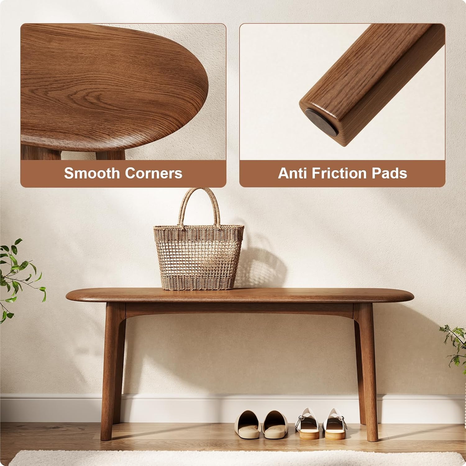 DONGMUWUEJEE 100% Solid Wood Dining Bench, Wood Bench for End of Bed with Rounded Corners, Entryway Benches for Farmhouse, Kitchen, Living Room and Plant Stand (Walnut, 39.4" D x 11.8" W x 19.7" H)