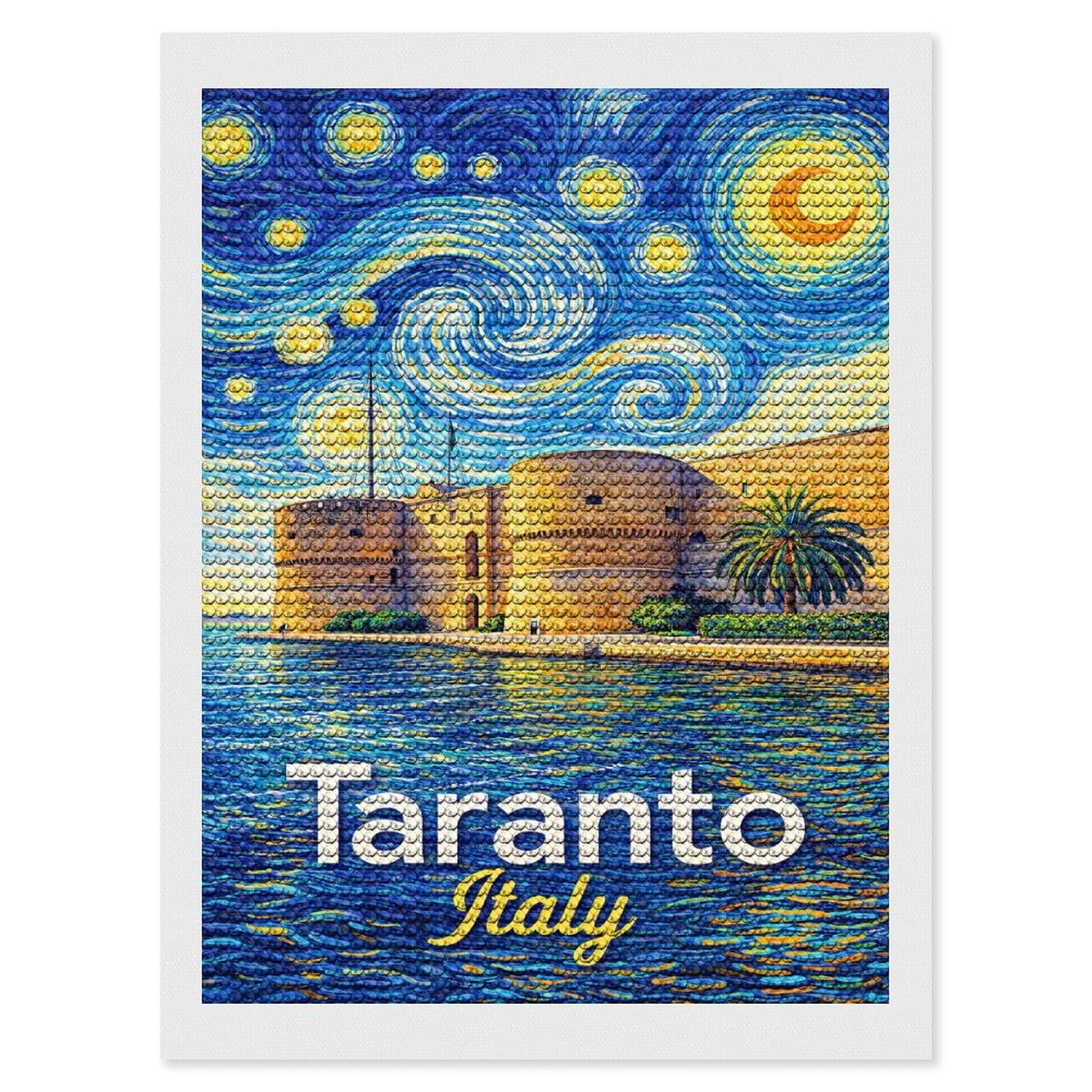 Junmoney Taranto Italy Starry Night Painting Diamond Painting Kit 12"x16", Thoughtful Handmade Gift, for Creative Relaxation, Printed Canvas, Cosy Home Accent