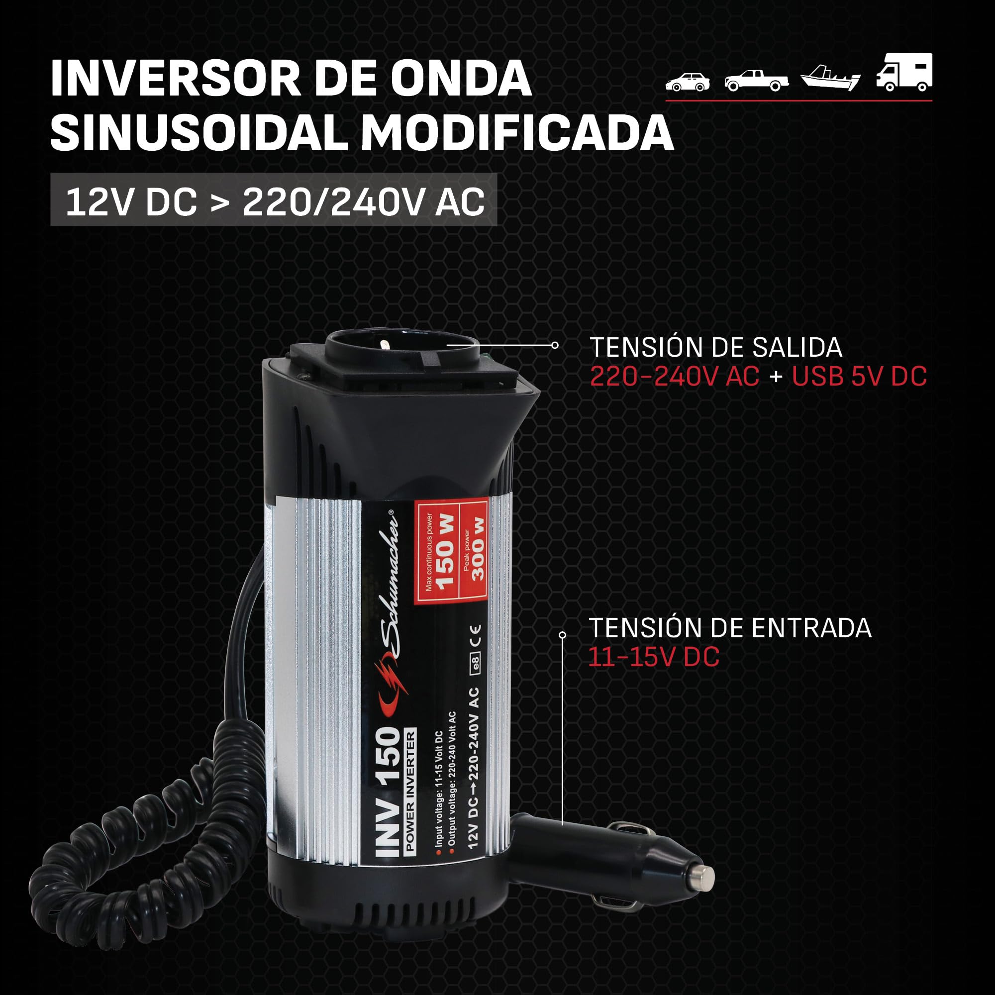 Schumacher Electric INV150 - Inversor 12V a 220V 300W - Convertidor Compacto con USB y Mechero - para Móvil, Tablet, Portátil