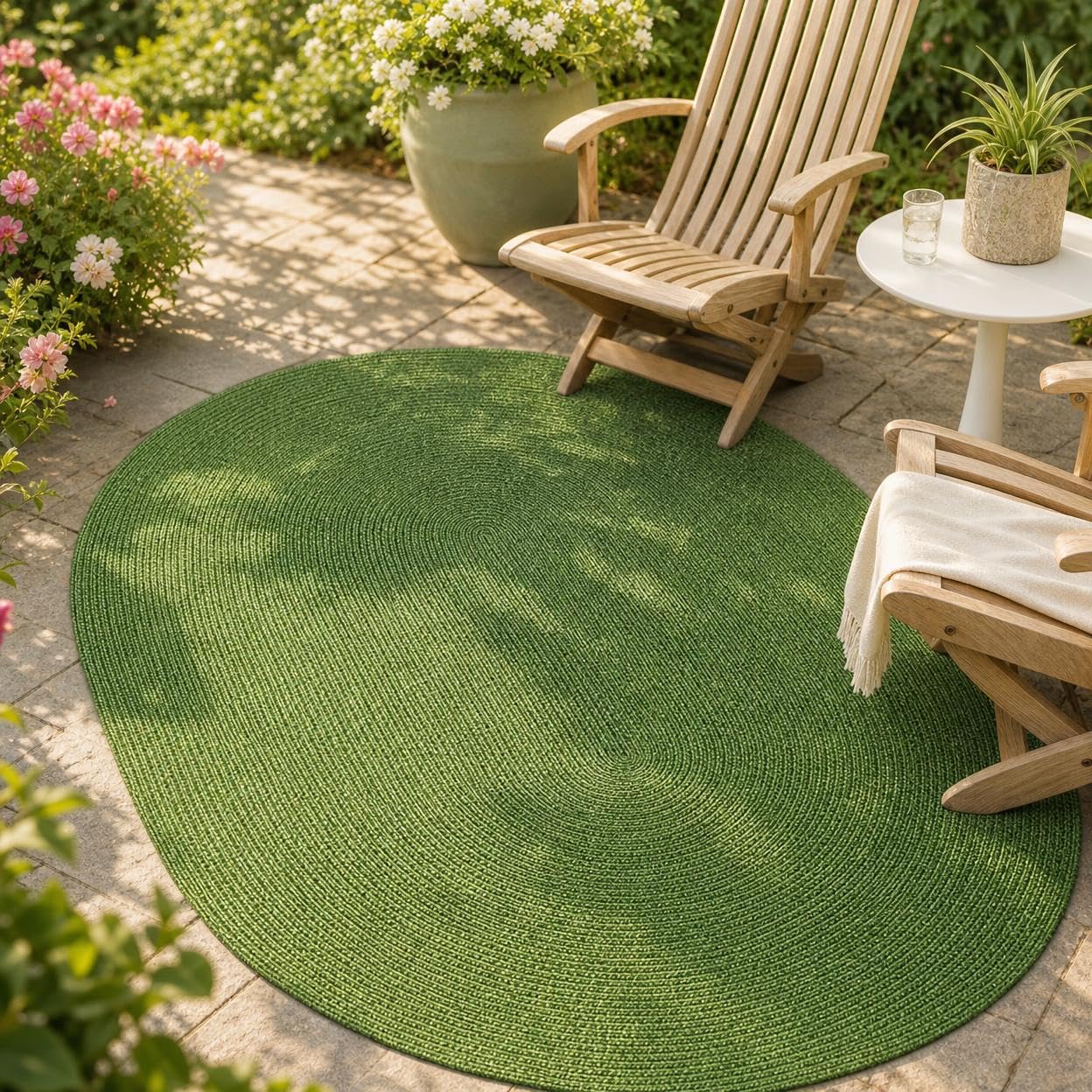 Tappeto da Esterno Ovale Verde, Resistente ai Raggi e Lavabile, per Balcone, Terrazza e Giardino, 120x180CM