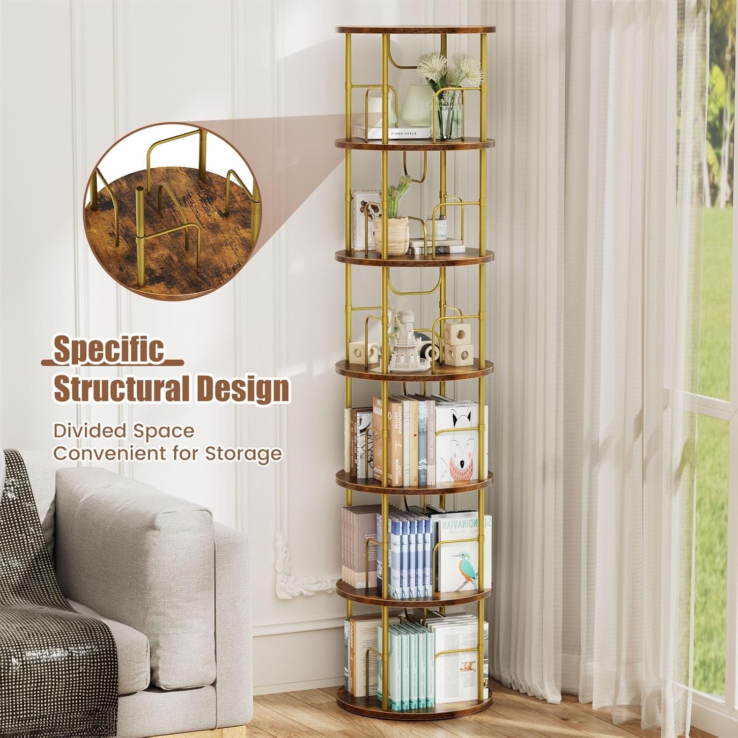 6 Tier Rotating Bookshelf, 360 ° Display Stackable Spinning Bookshelf Tower, Corner Bookshelf Tall Floor Standing Swivel Bookcase Narrow Storage Organizer for Bedroom, Living Room, Gold