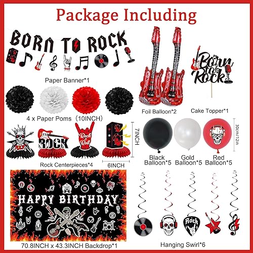 Miniatura 2 de Crenics Decoraciones de fiesta de cumpleaños de rock and roll telón de fondo de feliz cumpleaños, pancarta de Born to Rock, remolinos, panales,