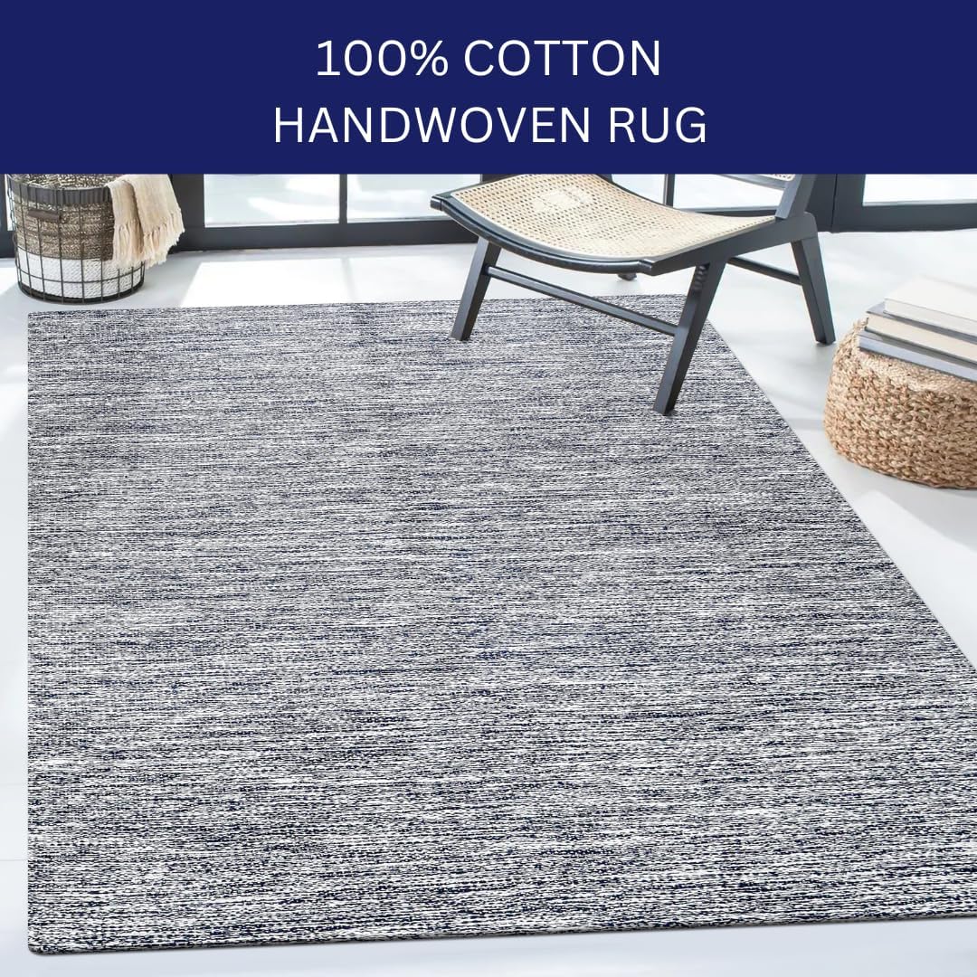 Hand Woven Area Rug 4x6 Feet - Rustic Farmhouse Bohemian Accent Rug for Living Room Bedroom Kitchen Entryway Floor Mats - Ideal for High Traffic Areas 100% Cotton Rag Rug Blue