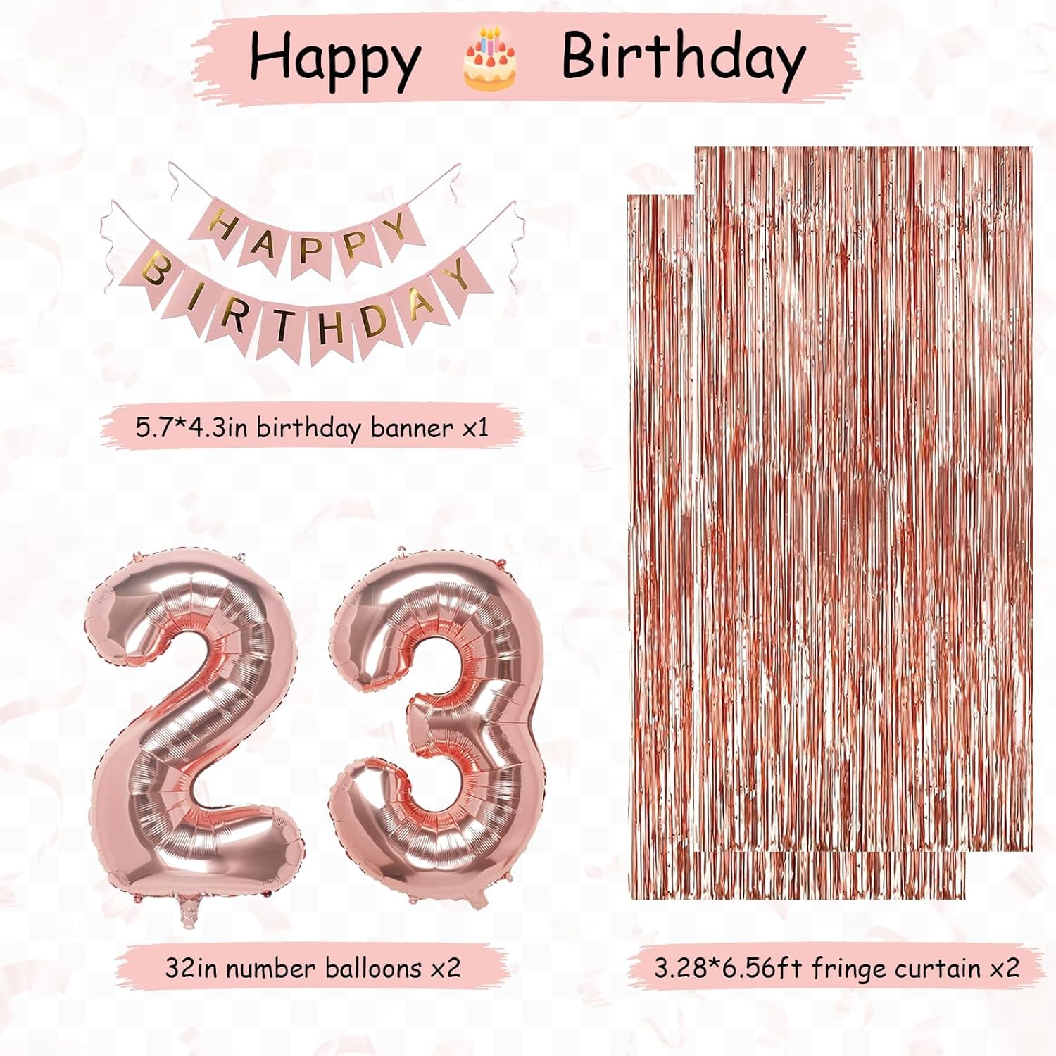 23rd Rose Gold Birthday Party Decorations for Women, Rose Gold Happy Birthday Banner, Fringe Curtains, Heart Foil Balloons, Confetti Balloons, Cake Topper for 23rd Birthday Decorations - Image 4