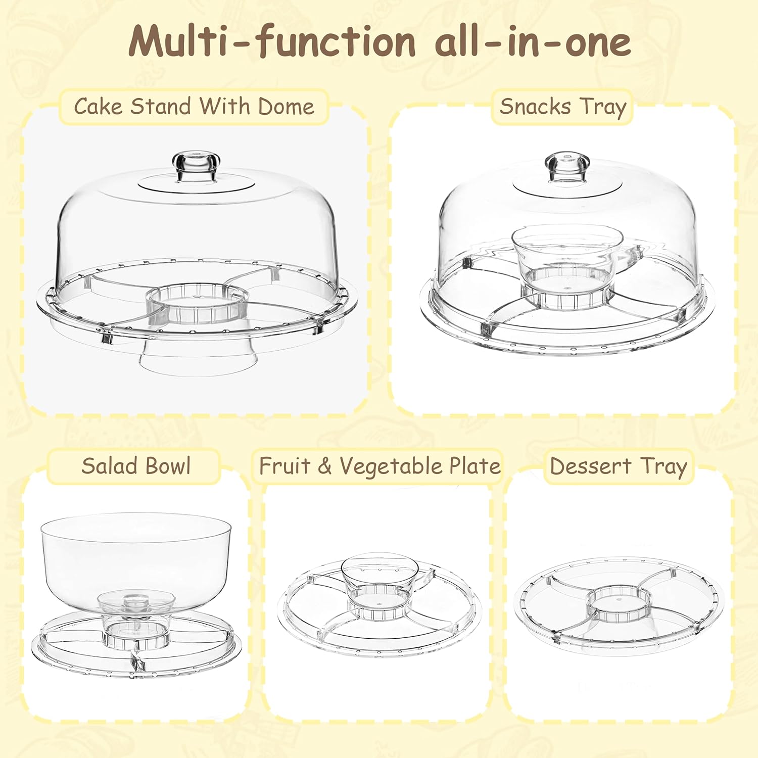 Cake Stand with Acrylic Lid, 6-in-1 Multifuntional Serving Platter with Dome Cover, Cake Display Stand with Lid/Dessert Platter/Punch Bowl/Veggie Platter - BPA Free