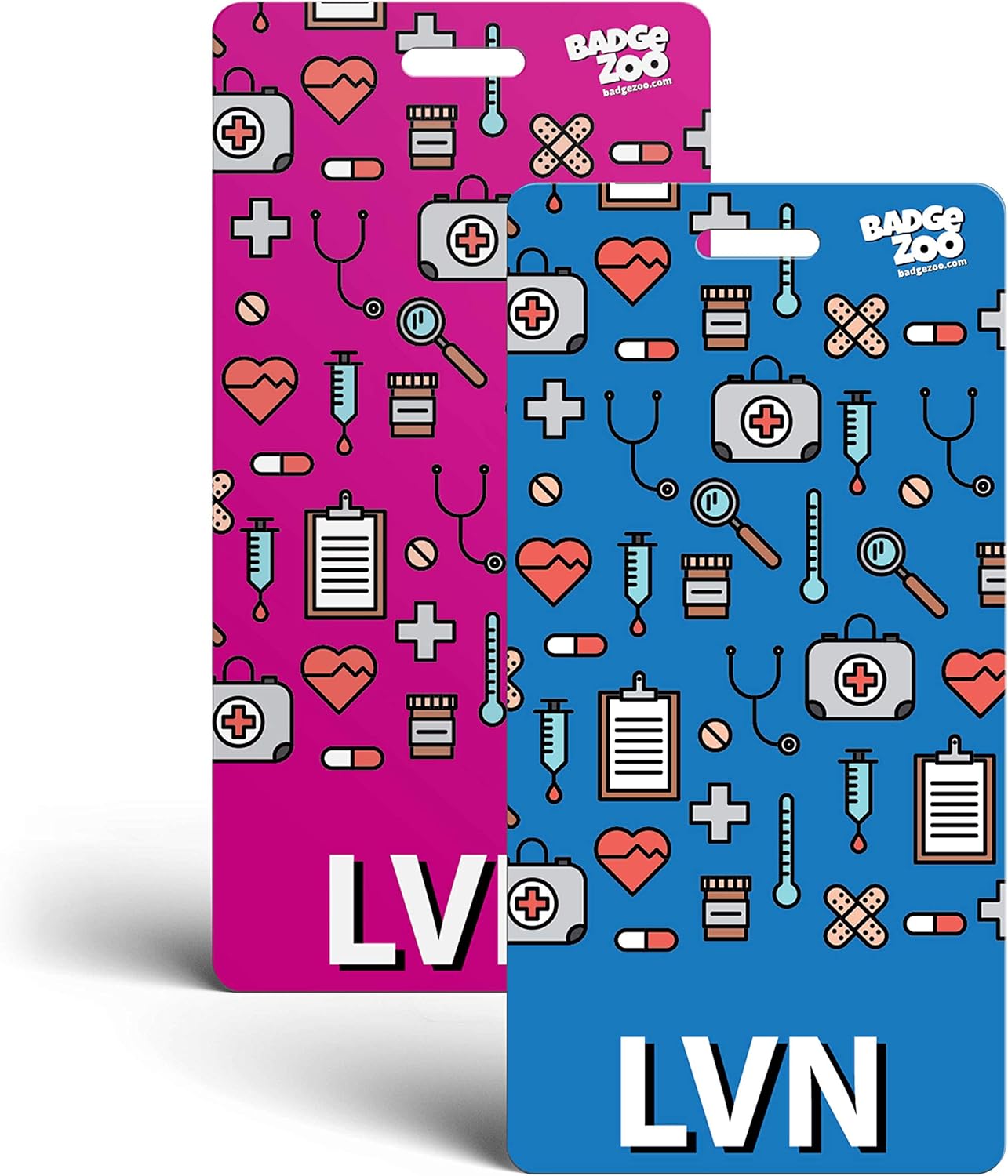 LVN Badge Buddy (20 Pack) - Pink/Blue with Medical Icons - Vertical Badge Id Card for Licensed Vocational Nurses - By BadgeZoo