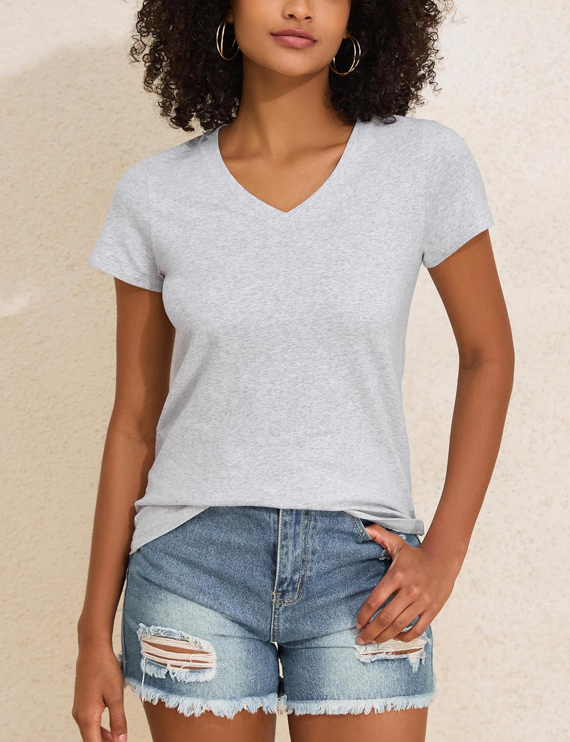 Hilor Women's Plain Cotton T Shirts Short Sleeve V Neck Tee Tops Loose Fit Casual Summer Tops Trendy Outfits 2026 - Image 6