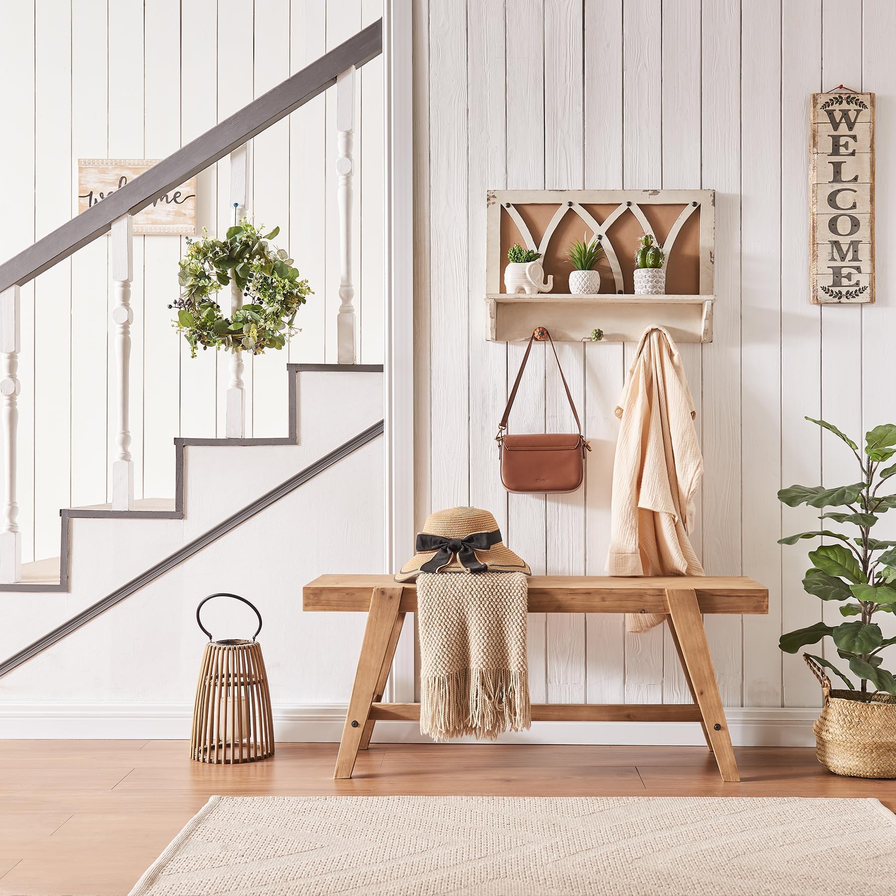 Farmhouse Solid Wood Entryway Bench – 43.4 Inches Rustic Long Bench, Dining Bench with Angled Legs, Hand-Finished Natural Grain, for Foyer, Hallway, Bedroom