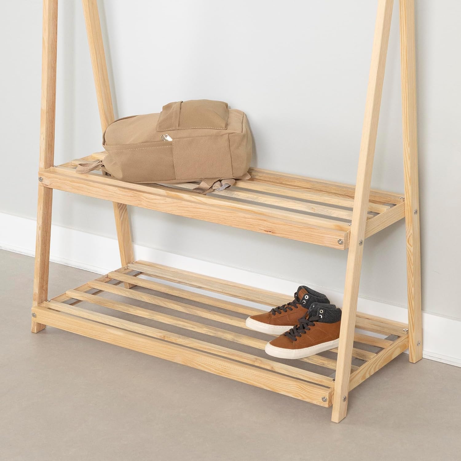 South Shore Sweedi Wooden Clothes Rack with Storage Shelves for Kids, Natural