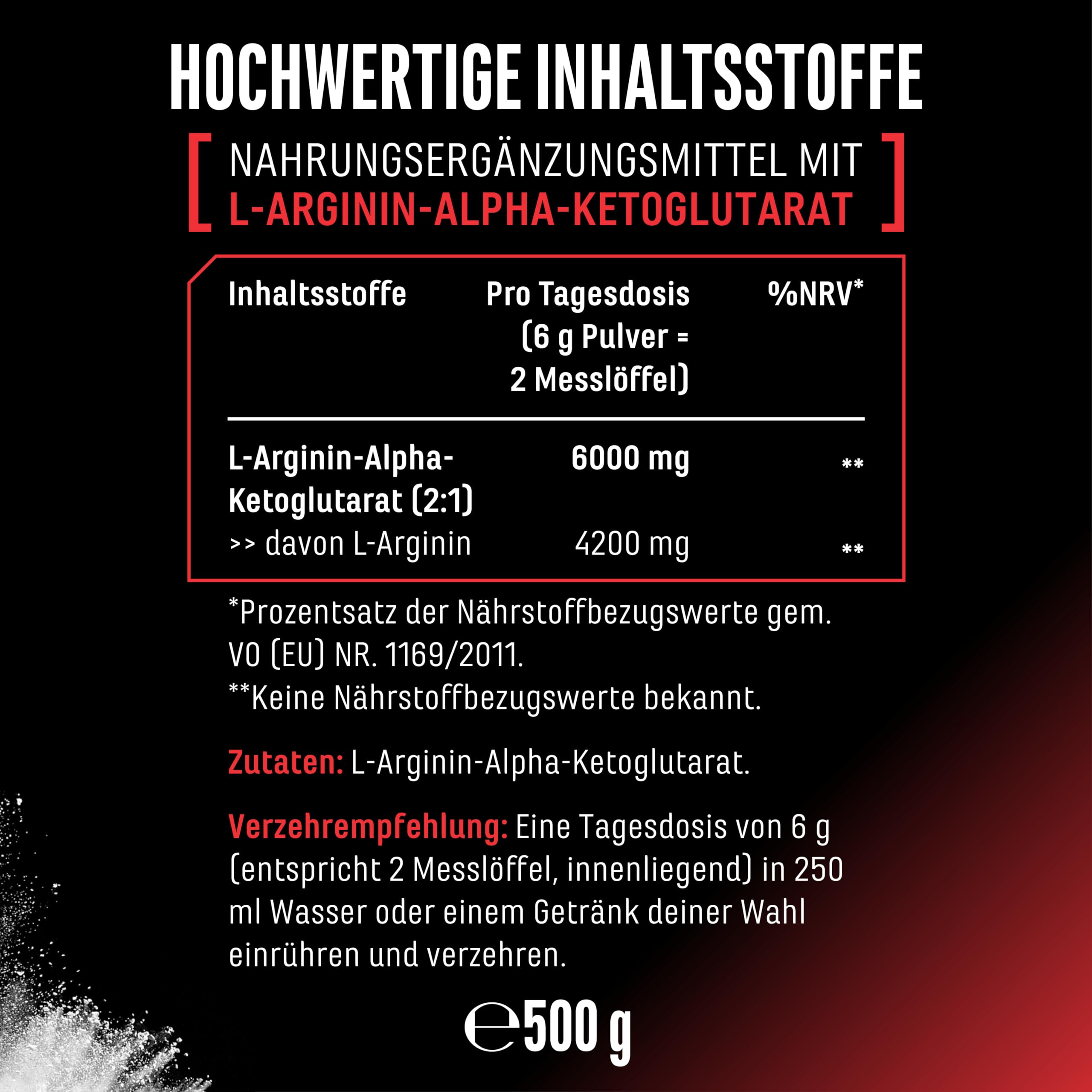 GEN GERMAN ELITE NUTRITION AAKG - 500 g - L-Arginin-Alpha-Ketoglutarat 2:1 | Geschmacksneutral, optimale Löslichkeit, laborgeprüft, reines Pulver, vegan, ohne Zusätze, Premium Arginin Aminosäure