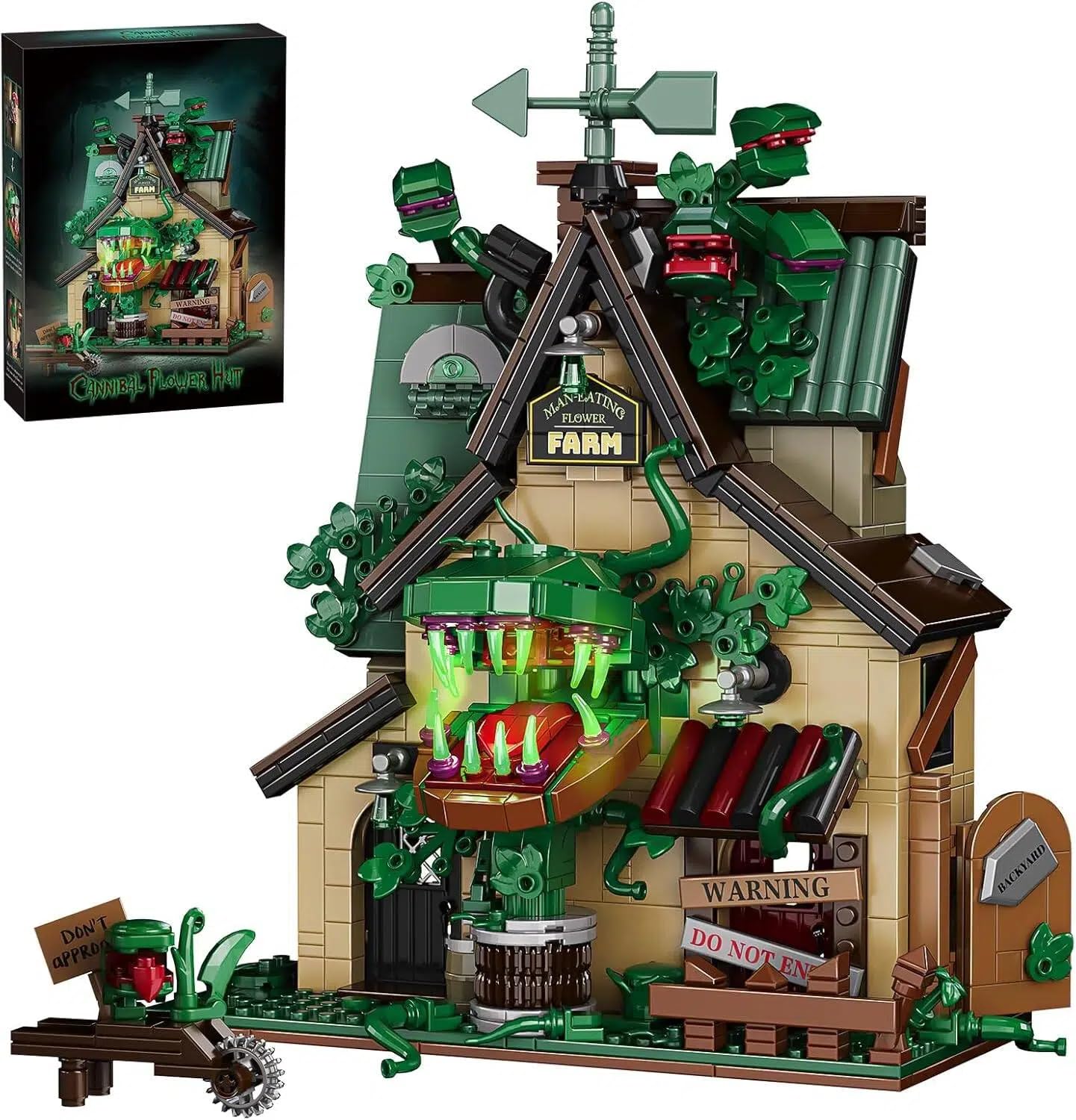 Genruron Man Eating Flower House Building Blocks Kit, 1128 Pieces Horror Flower Model Kit, Halloween Haunted House Construction Set, Creepy House with Giant Carnivorous Plants Architectural Model