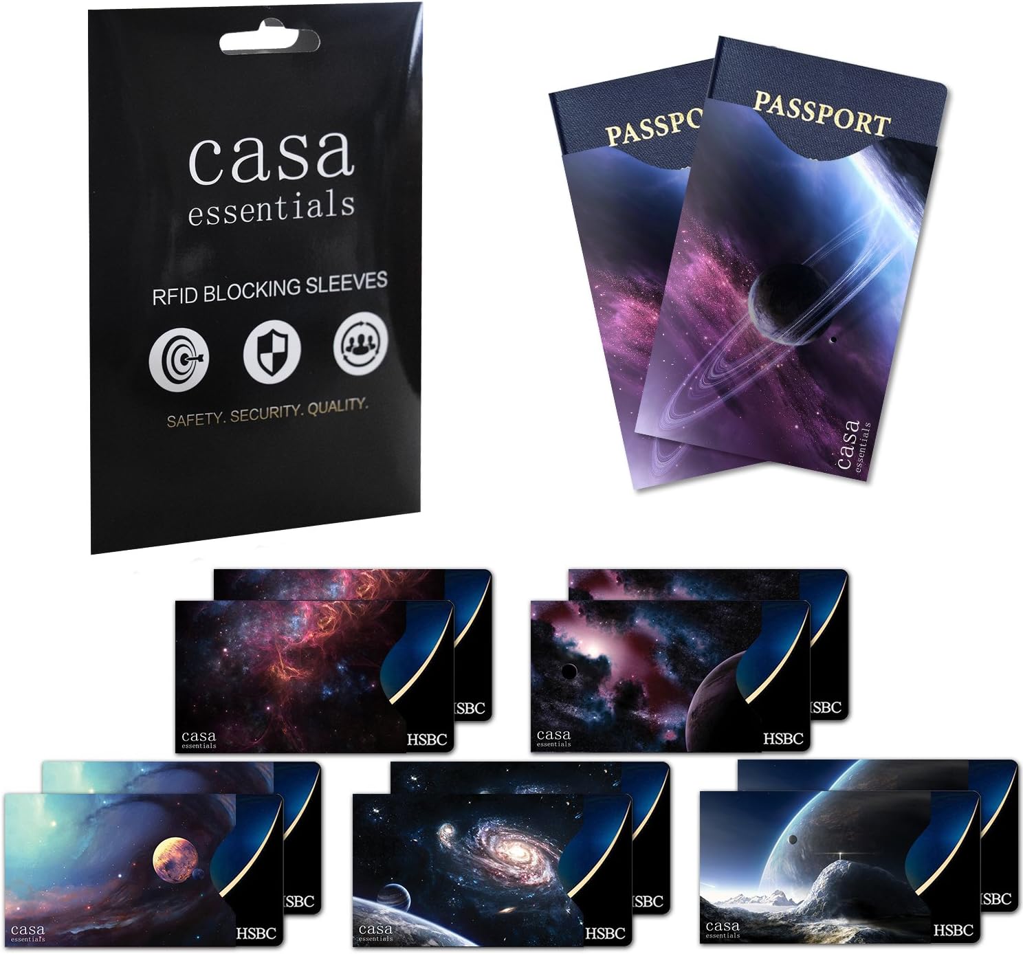 Casa Essentials 12 RFID Blocking Sleeves Credit Card Holders/Sleeves/Covers, Galaxy Graphic, Identity Theft Protection, Fits Wallet/Purse (10 RFID Card Sleeves, 2 RFID Passport Holders)