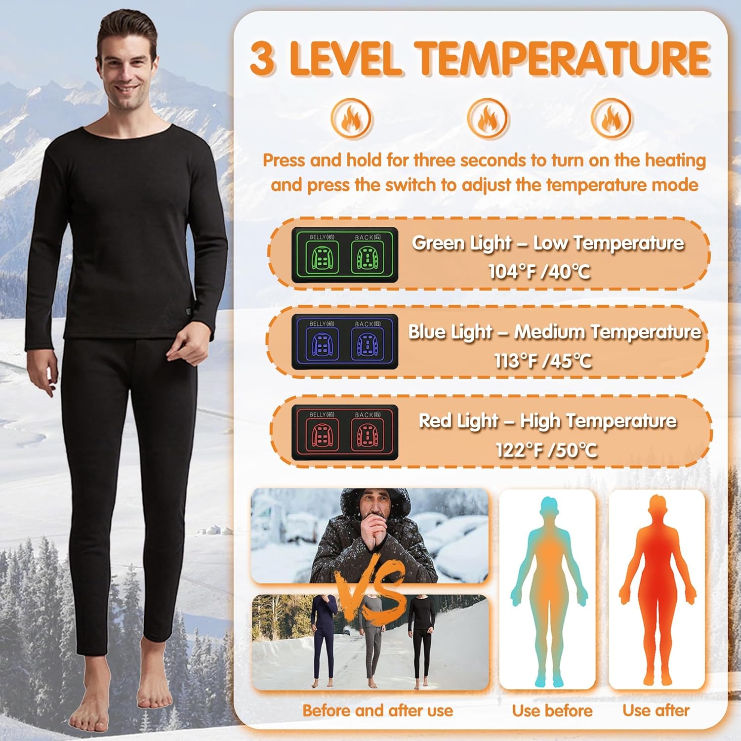 Electric Thermal Underwear Men's Heated Long Johns Set Fleece Lined Heating Baselayer Top and Pant for Outdoor