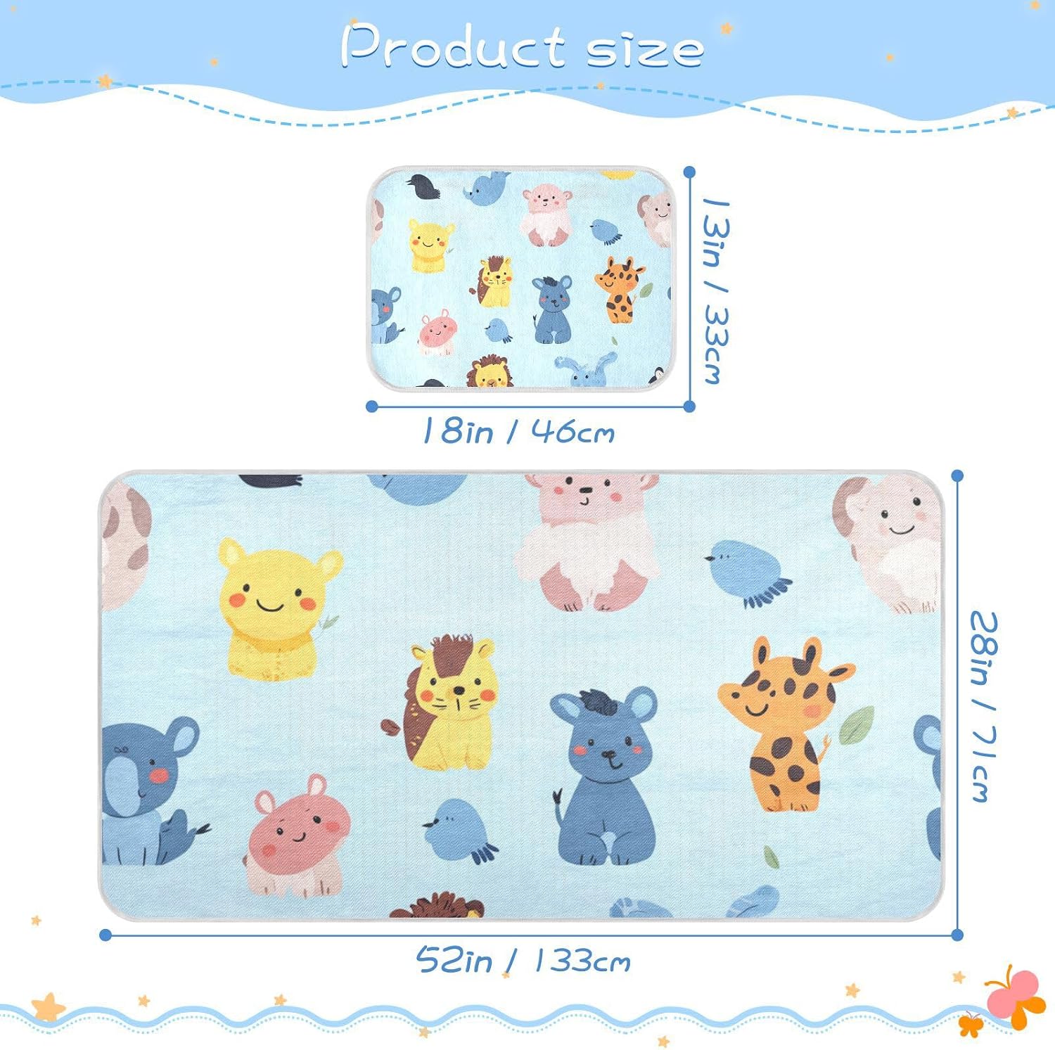 Cartoon Animal Light Blue Cooling Baby Bed Mattress 28" x 52" Washable Mattress pad Cover for Kids, Adult
