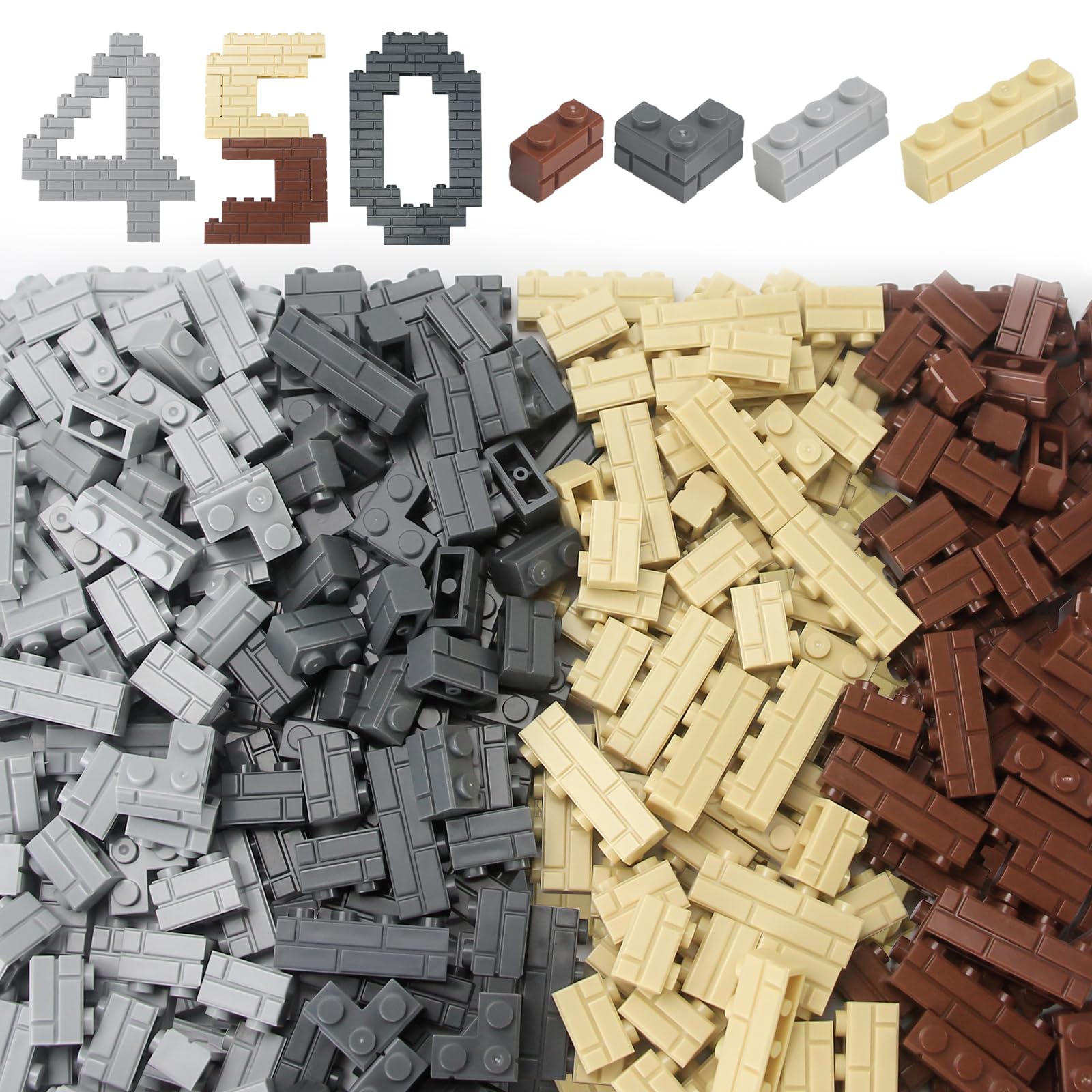 Feleph Masonry Bricks Set 450 Pcs Wall Tan Brown Building Accessories Diverse Creative Construction Bulk Parts and Pieces Blocks Toy (Multicolored)